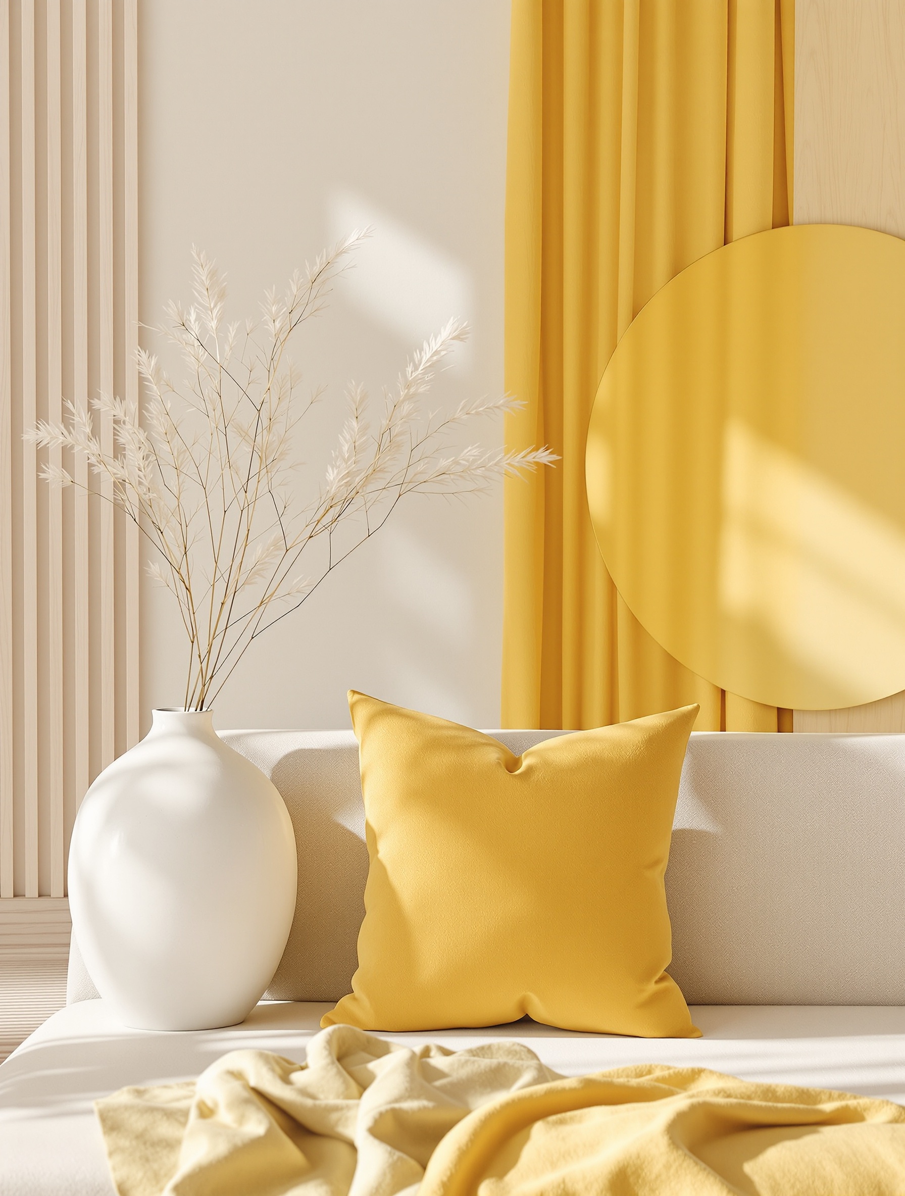 Espace zen contemporain inspiré du feng shui mettant en valeur le jaune paille.