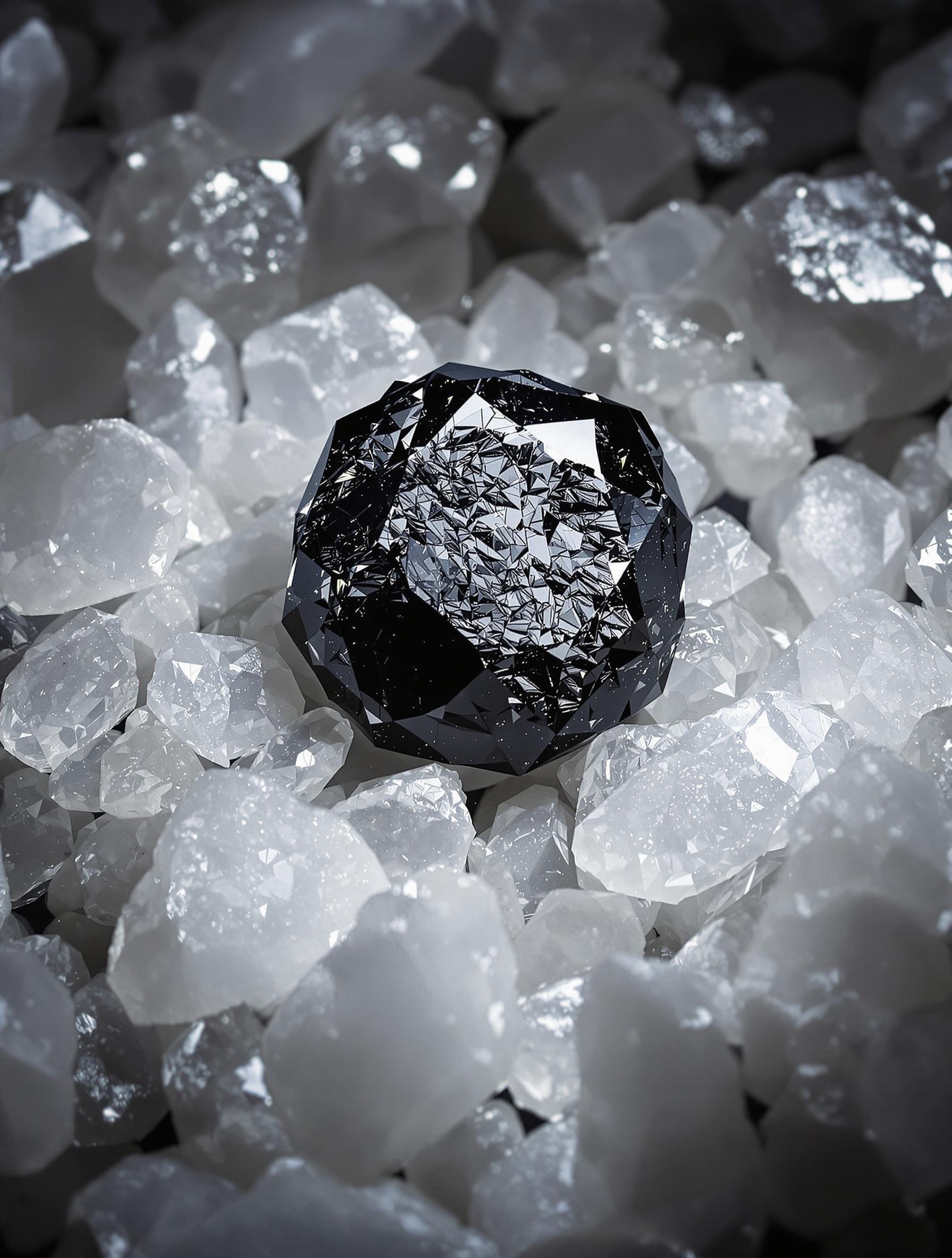 Un diamant noir brut posé sur un lit de quartz blanc, symbolisant protection et purification.