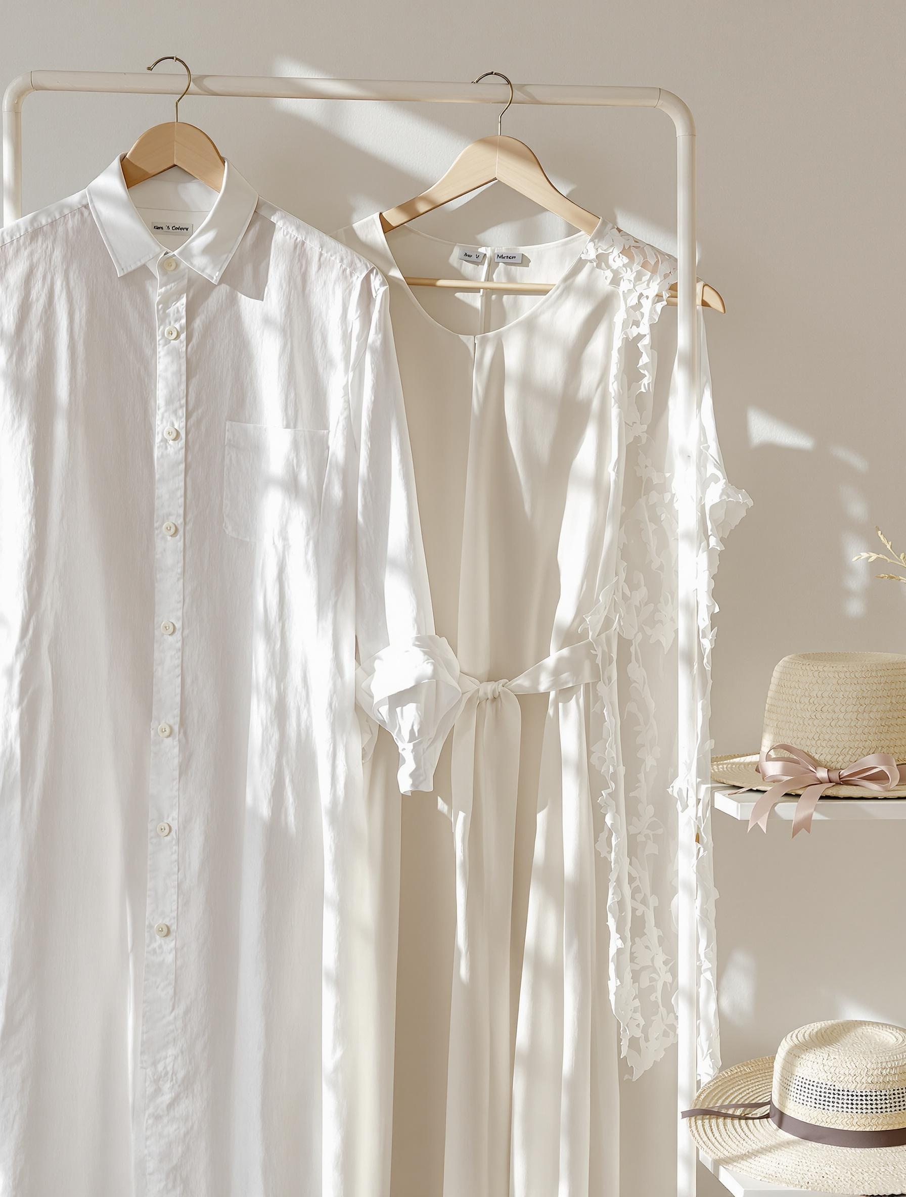 Robe blanche en coton, soie ou dentelle avec accessoires minimalistes dans un dressing