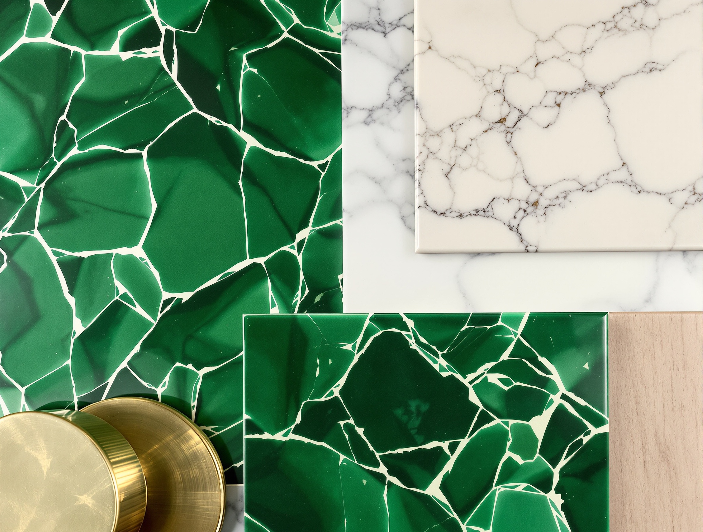 Échantillons de zellige vert associés à bois brut, laiton poli et marbre blanc