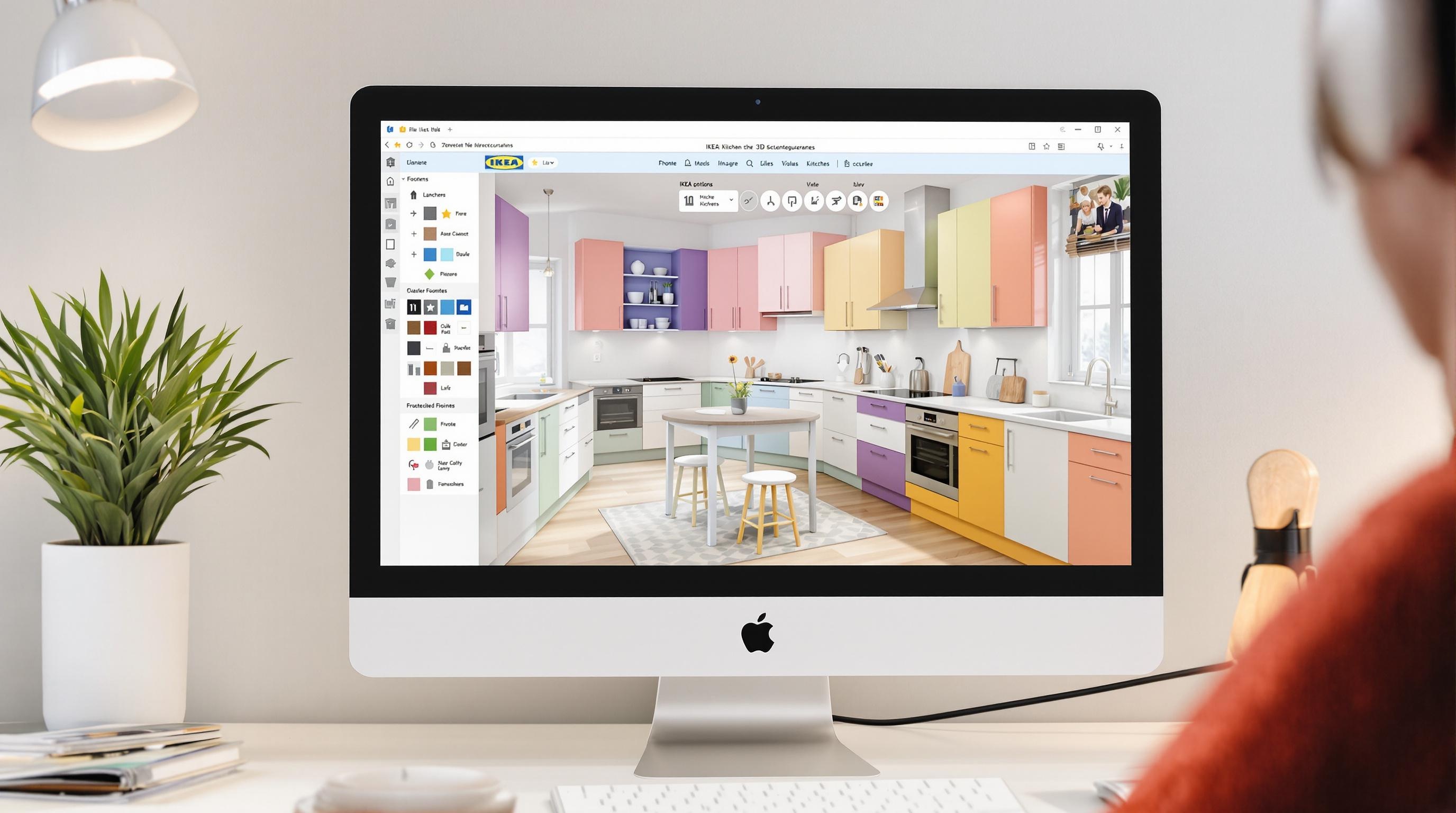 Un écran affichant un configurateur de cuisine 3D avec une cuisine IKEA personnalisée : façades colorées et plans de travail variés visibles.