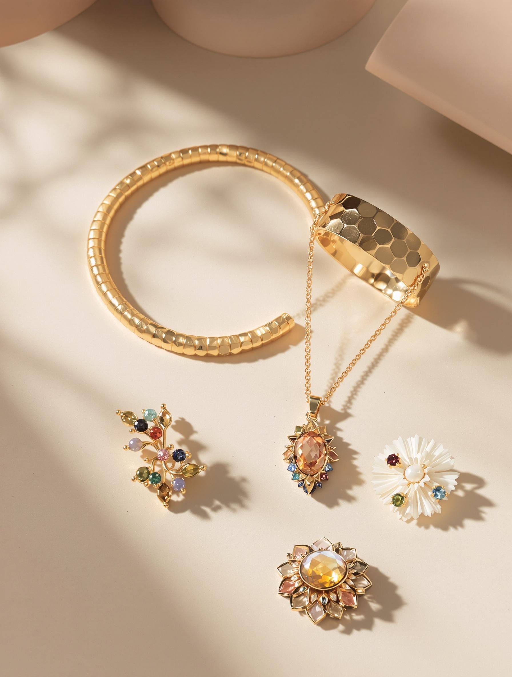 Écrin de bijoux de créateurs français : torque en or mat, manchette martelée et broche émaillée