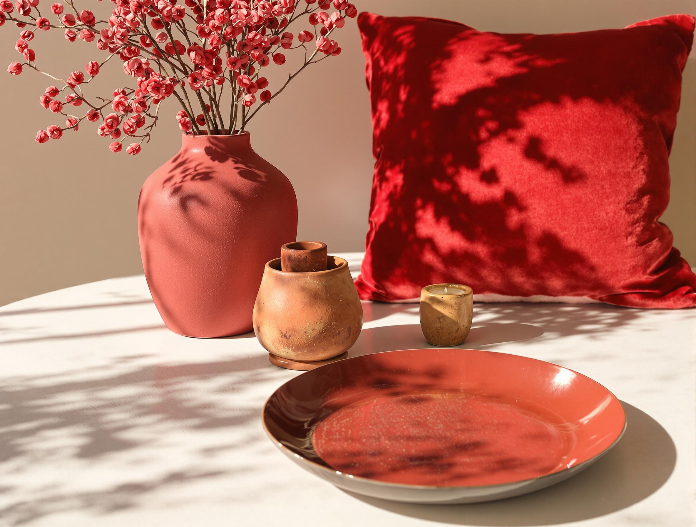 Quatre objets déco rouges raffinés sur fond neutre