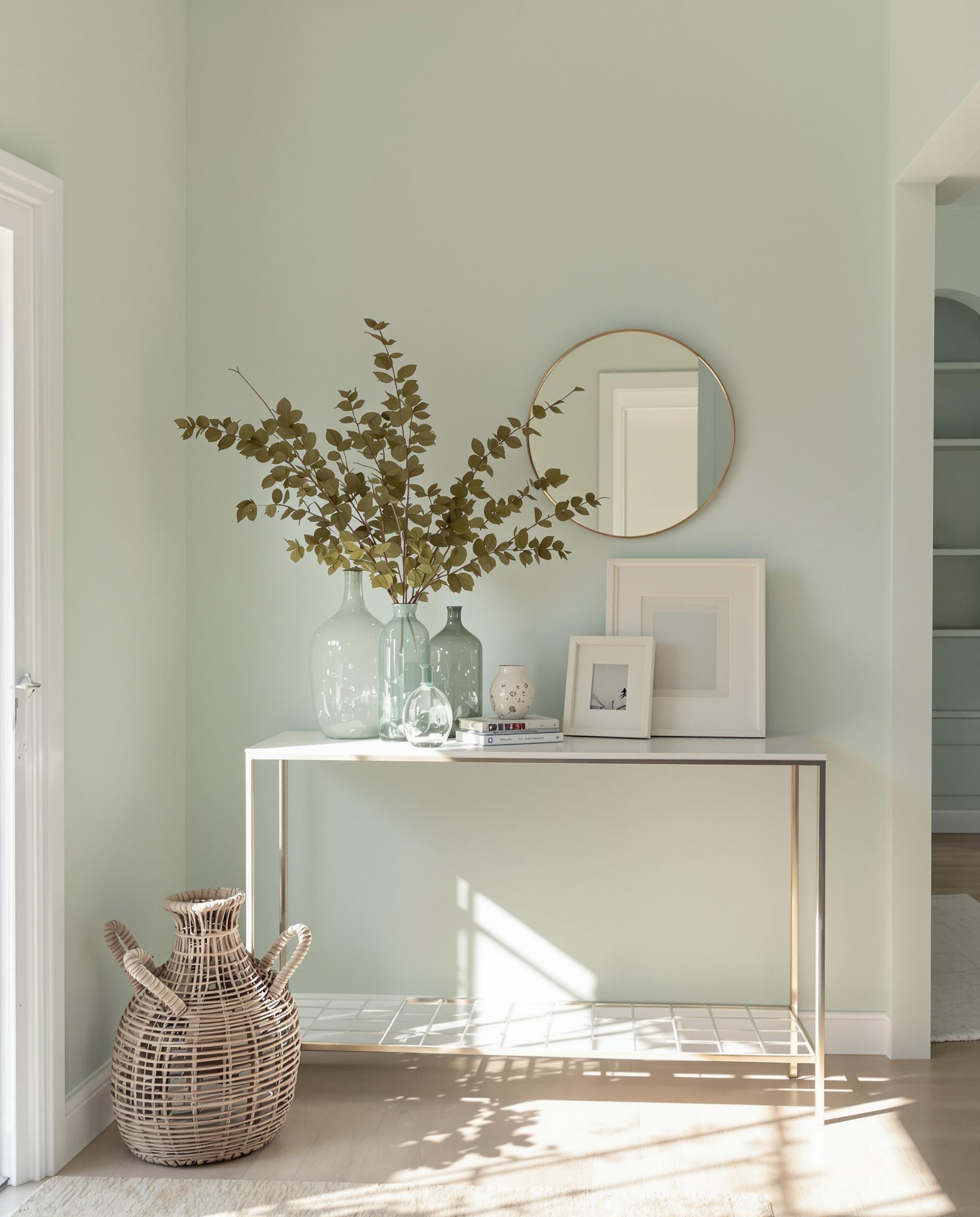 Entrée couloir décorations vert d’eau vases miroirs cadres