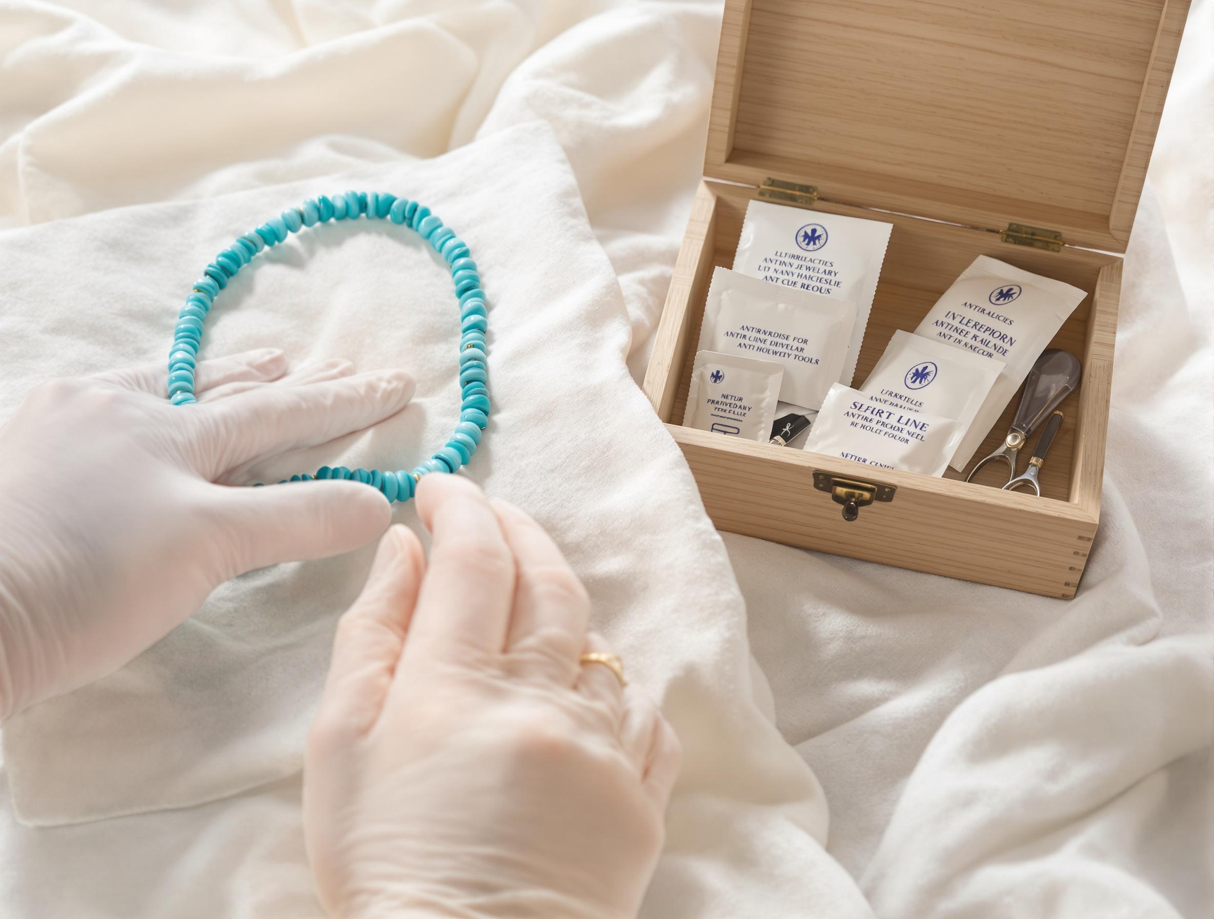 Entretien d’un collier Heishi turquoise : chiffon doux, boîte en bois semi-ouverte et sachets anti-humidité