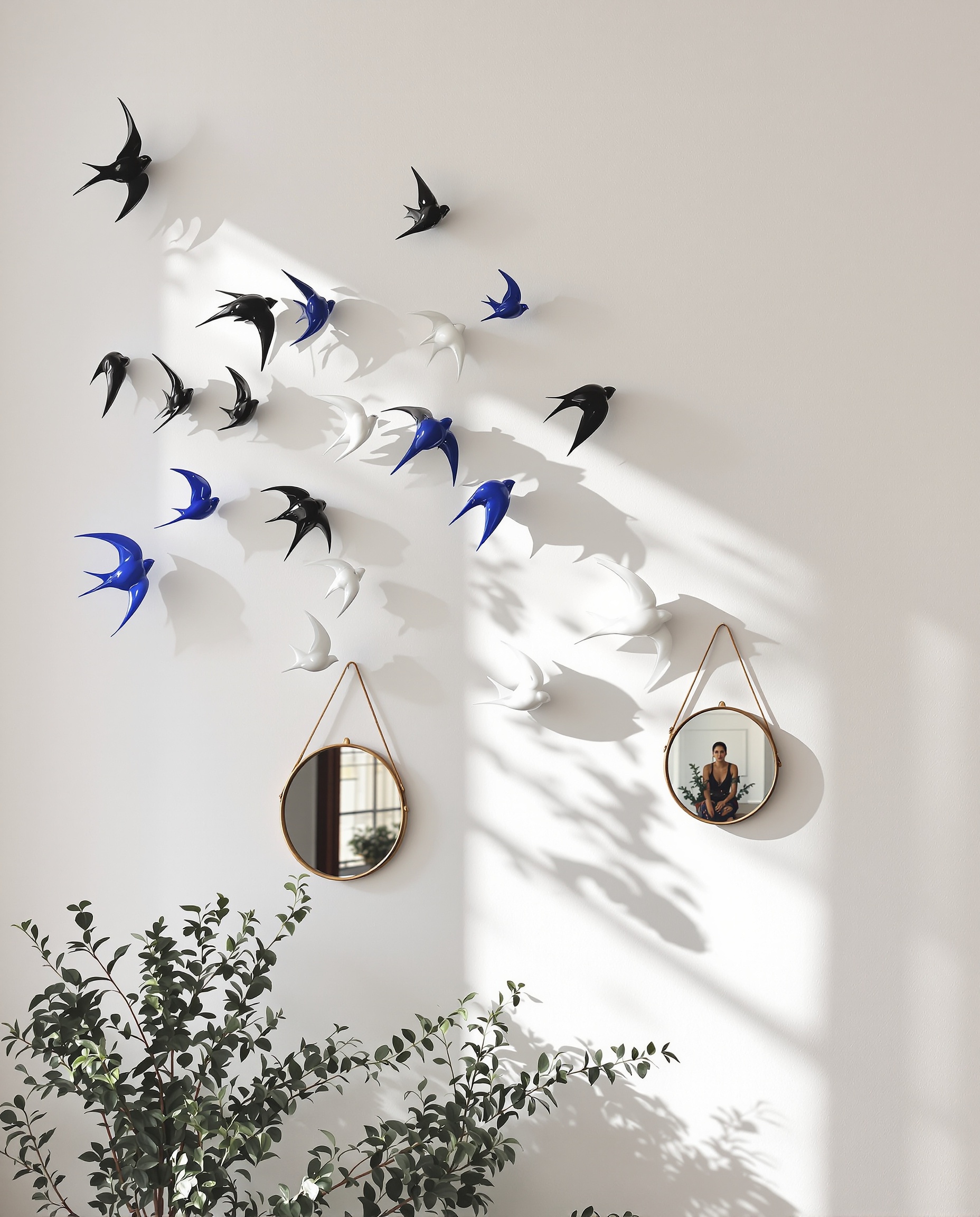 Envolée d'hirondelles en céramique et miroirs anciens sur mur blanc