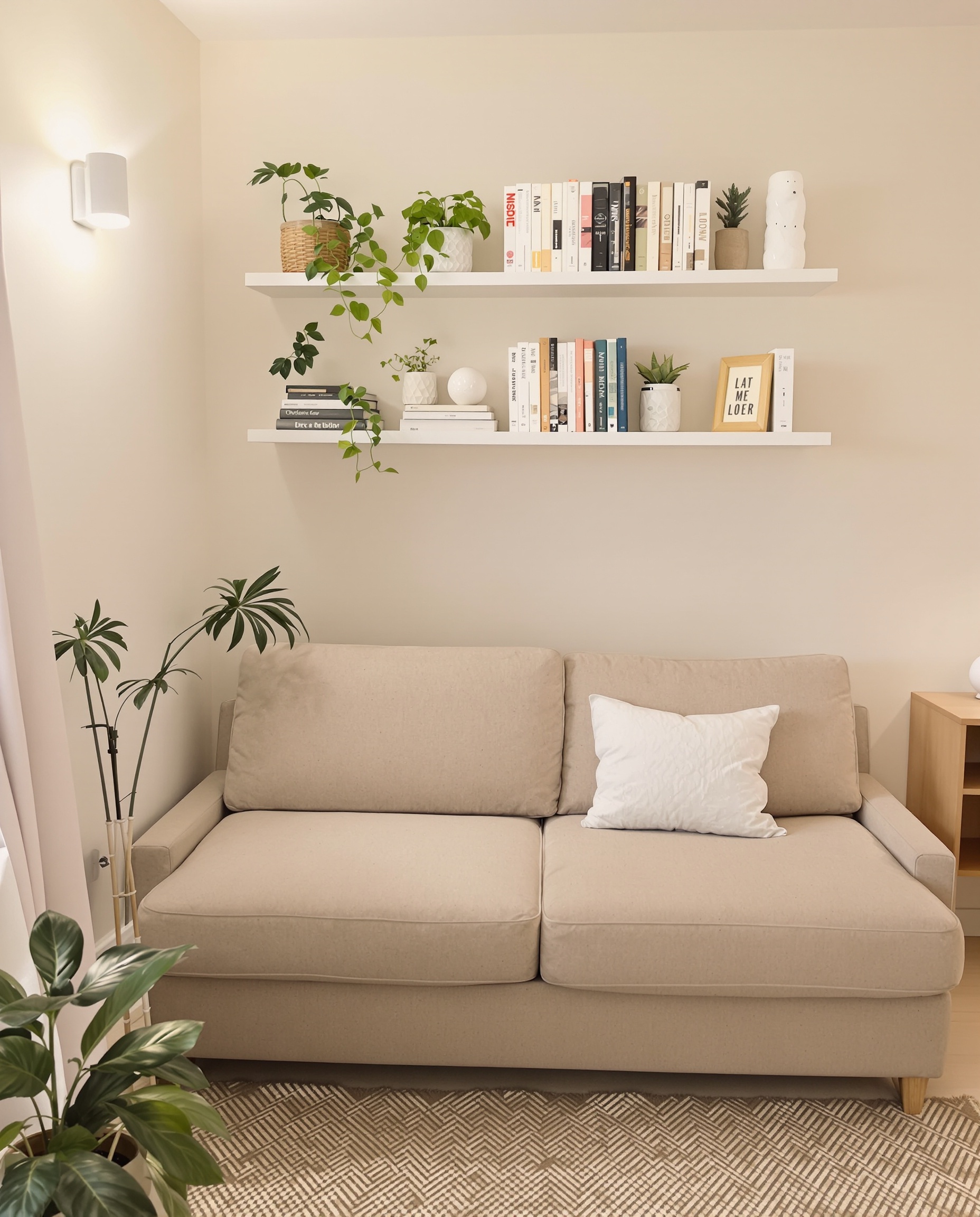 Petit espace optimisé avec clic-clac beige, coin bureau compact, étagères murales et lumière douce.
