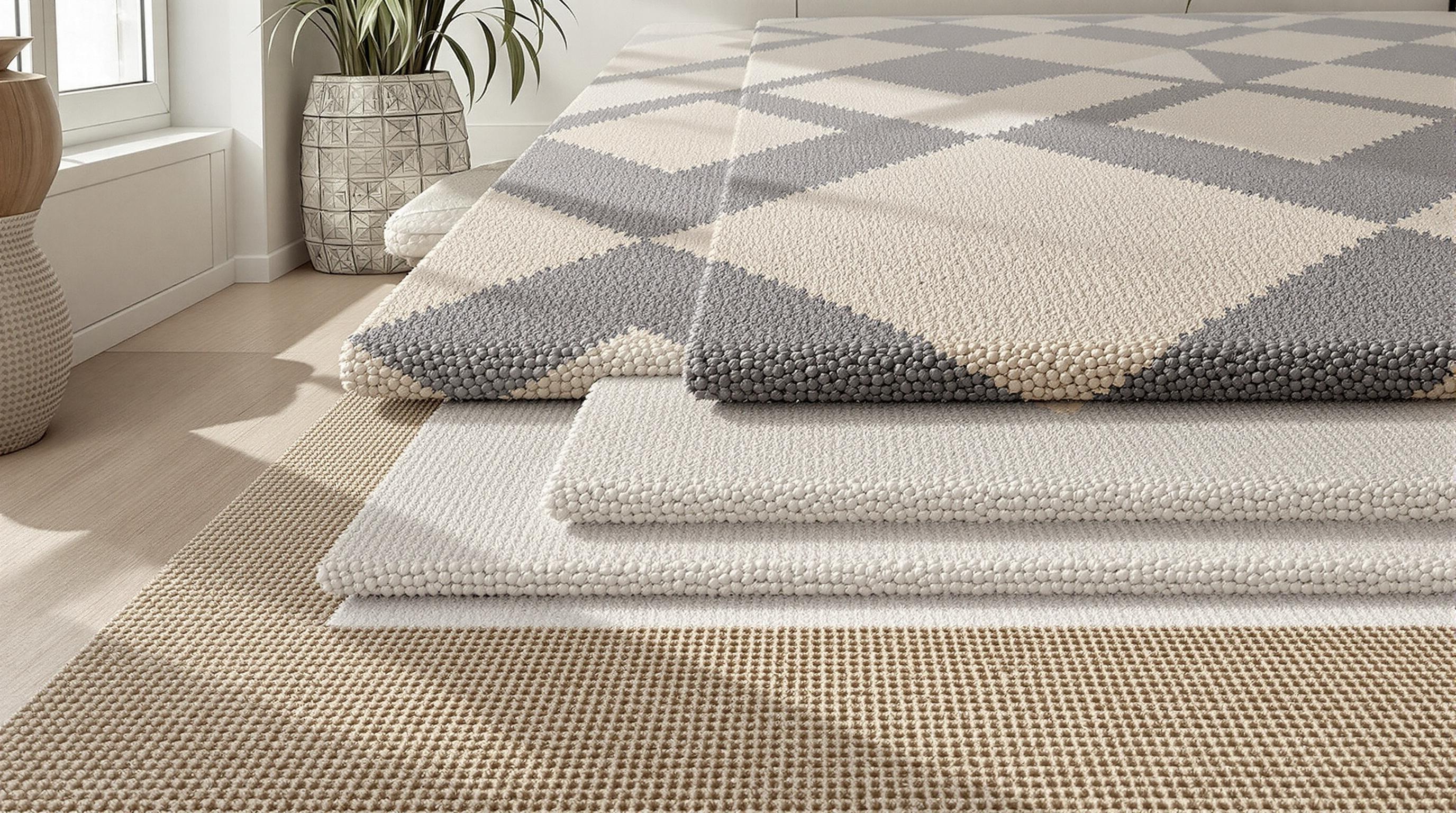 Superposition contemporaine de tapis monochromes laine et sisal