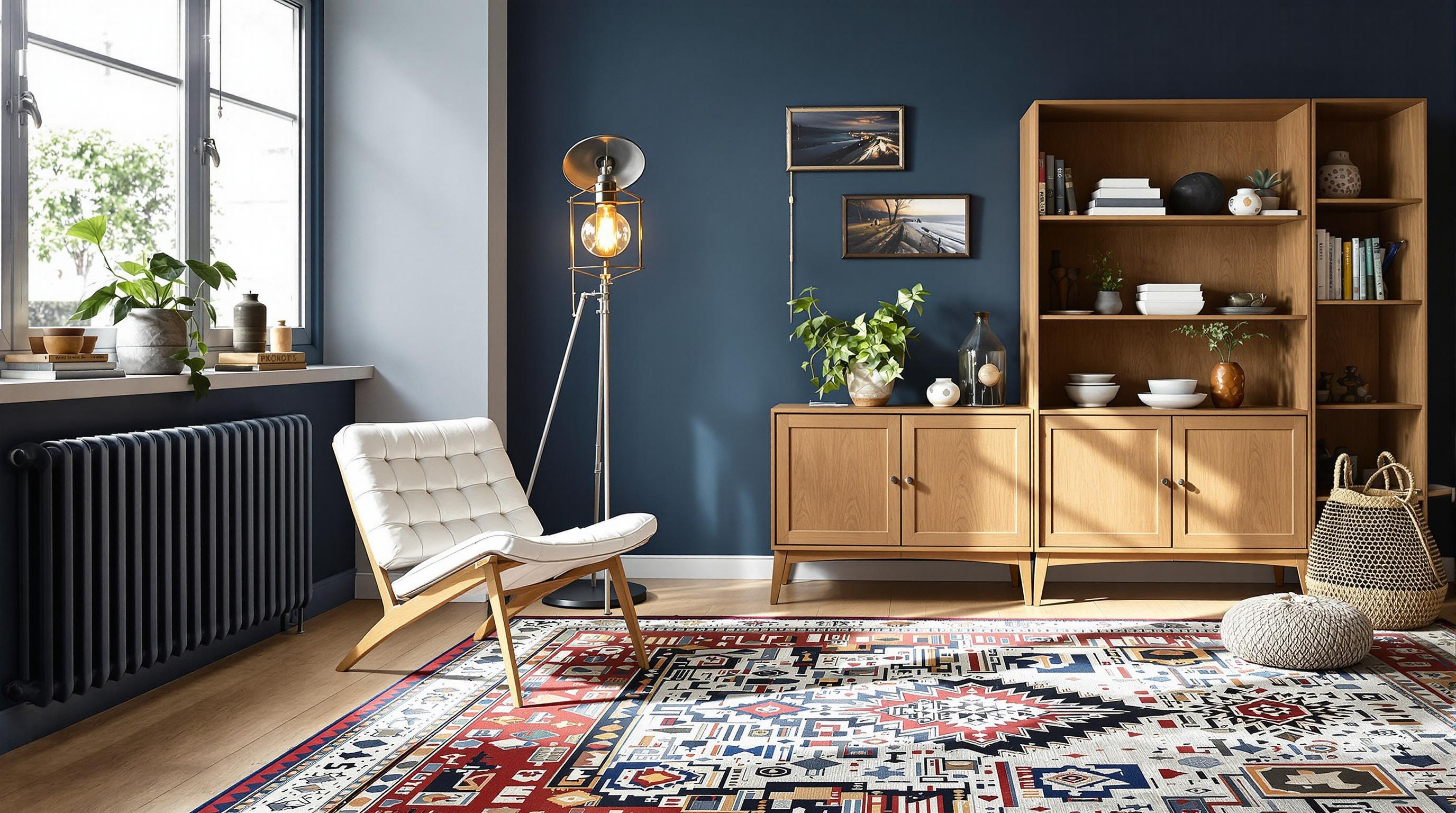 Mélange déco : chaise scandinave lampe industrielle tapis ethnique bibliothèque vintage unité couleur.
