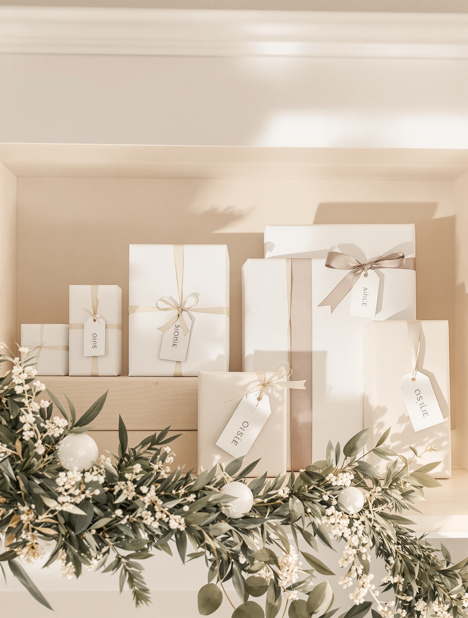 Étagère minimaliste avec cadeaux élégamment emballés pour Noël, ambiance douce et raffinée.