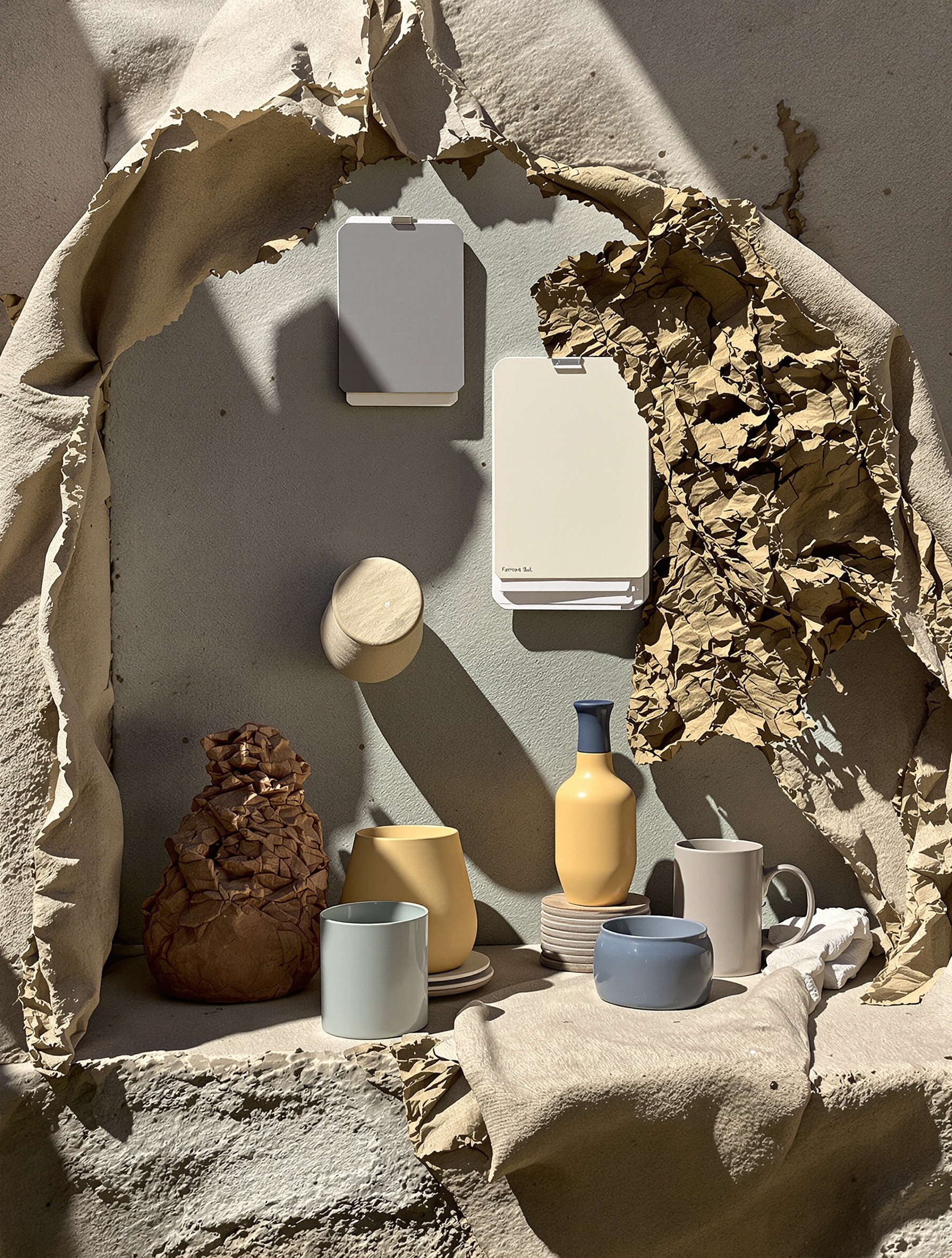 Nuancier stylisé Farrow & Ball 2022 : 11 couleurs photographiées comme des artefacts sur fond brut