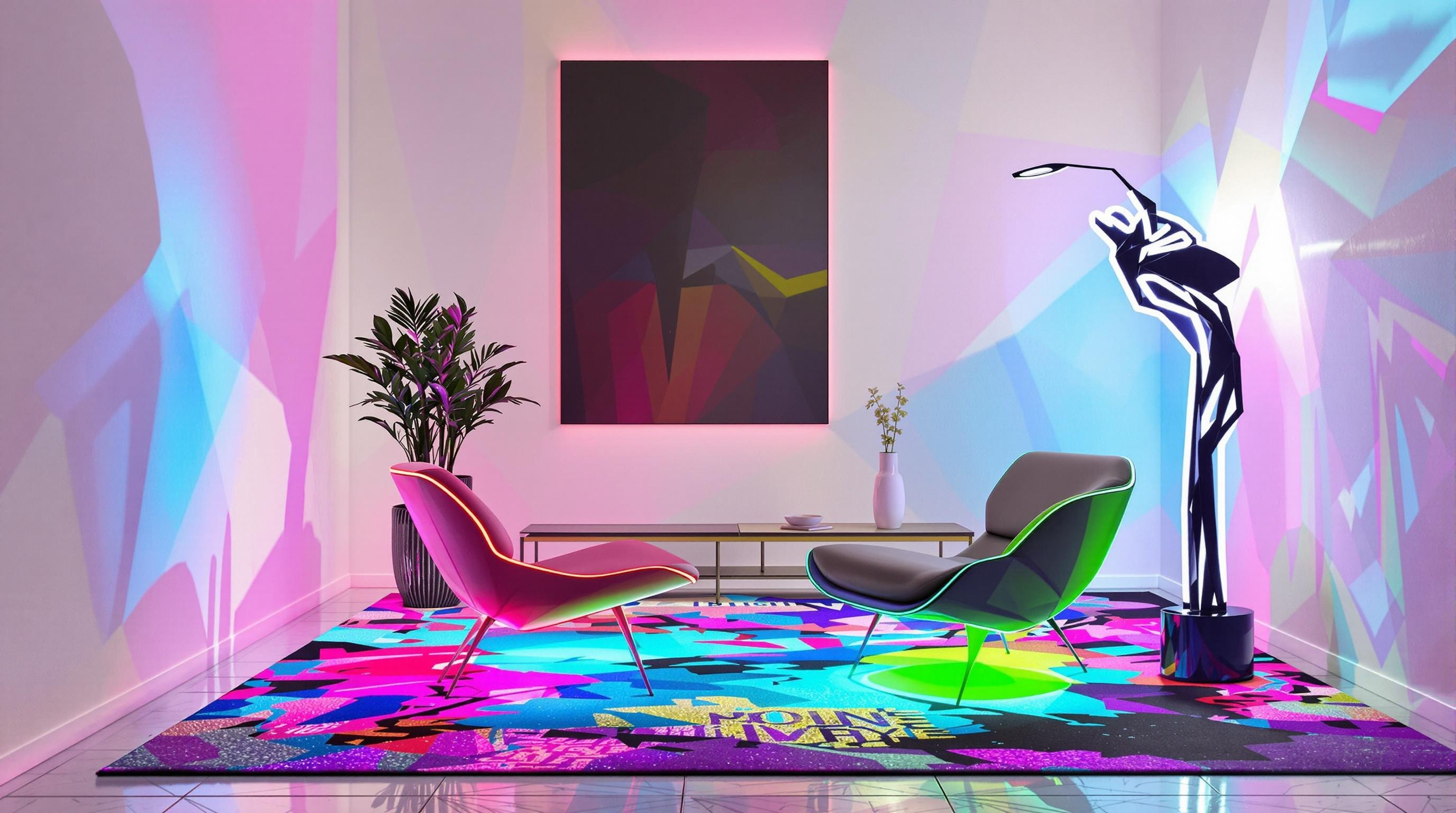 Salon contemporain avec fauteuil néon, tapis Glow Colors et luminaire LED.