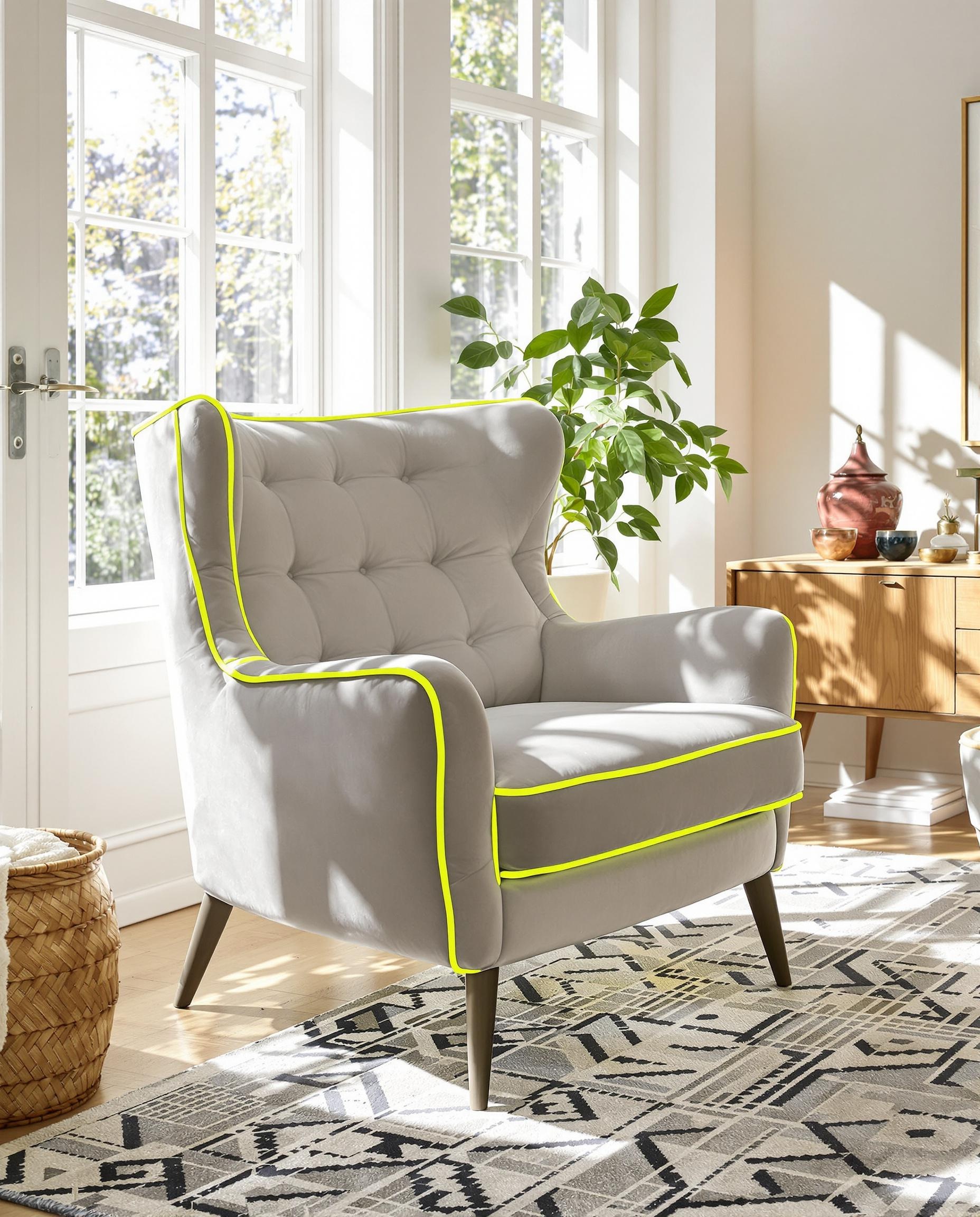 Fauteuil vintage avec passepoil jaune néon.