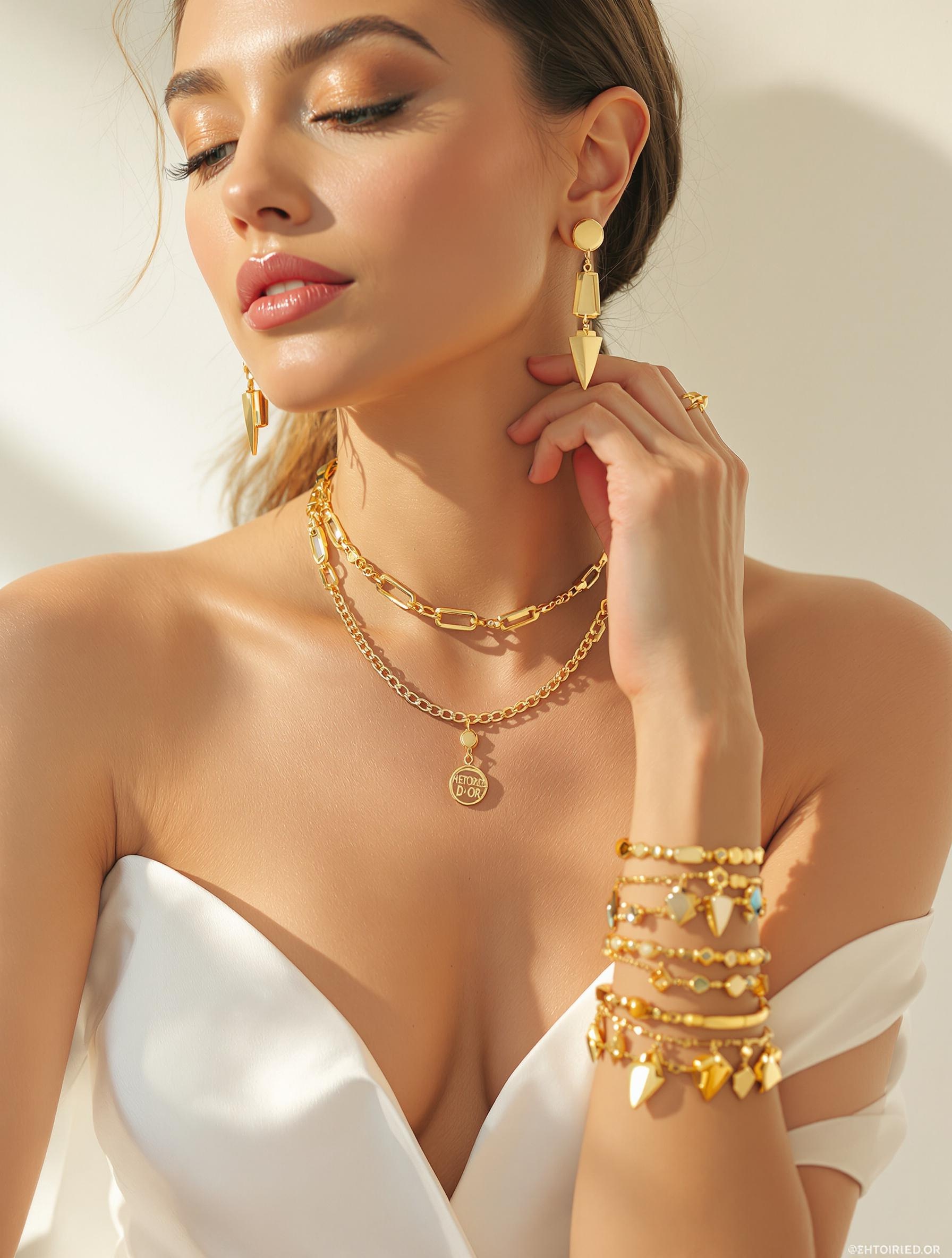 Femme portant ensemble sautoir bracelets boucles Histoire d'Or harmonie bijoux
