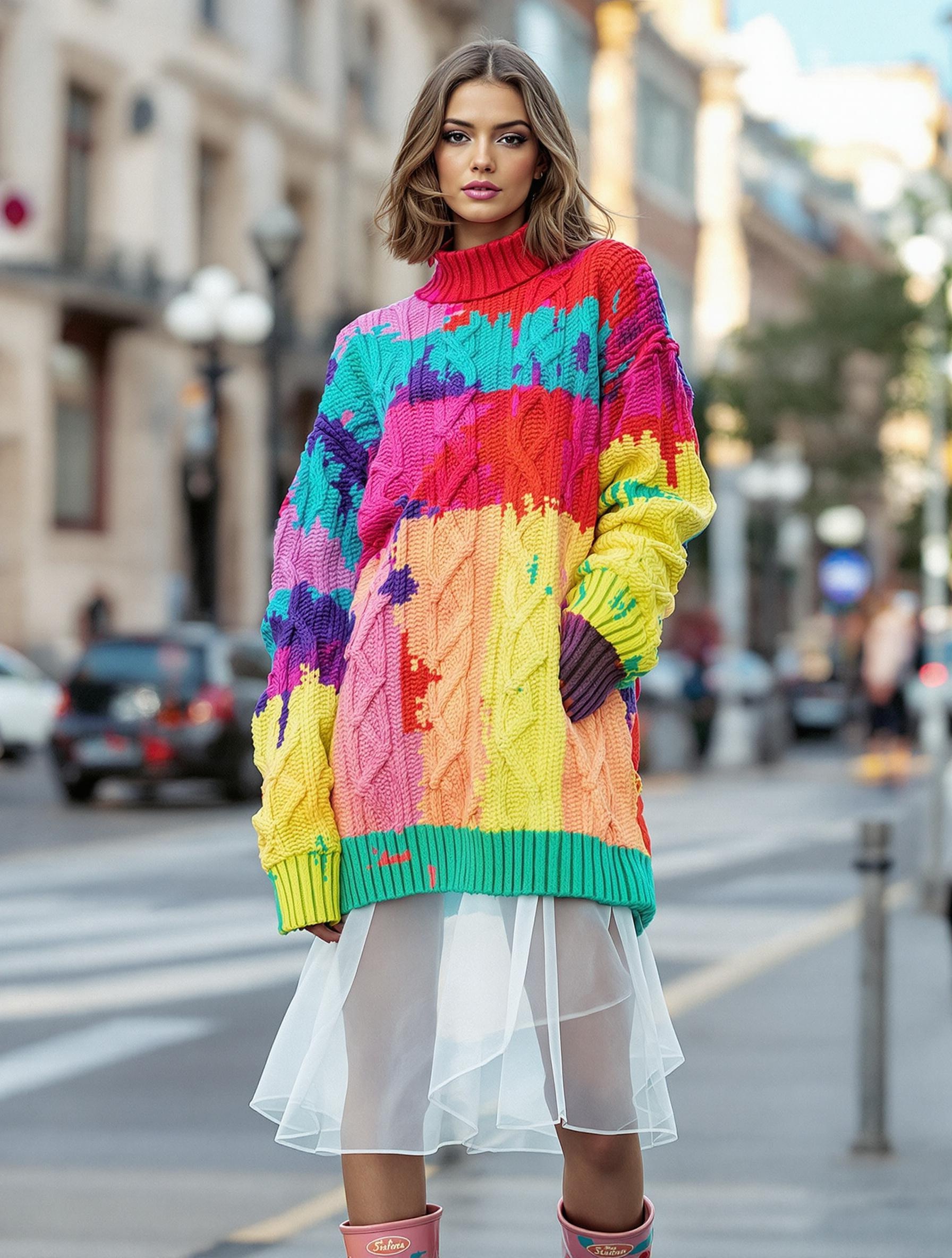Robe voile blanche associée à un pull torsadé tie-dye multicolore et des bottes de pluie vernies, audace urbaine