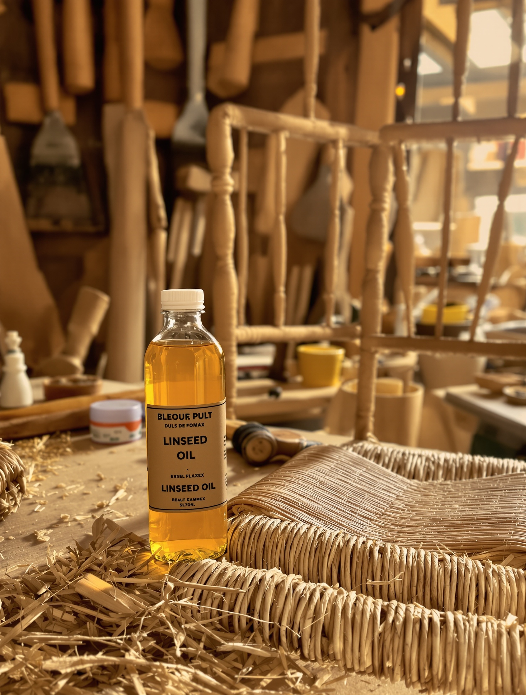 Flacon d'huile de lin près d'une chaise paillée artisanale, ambiance atelier