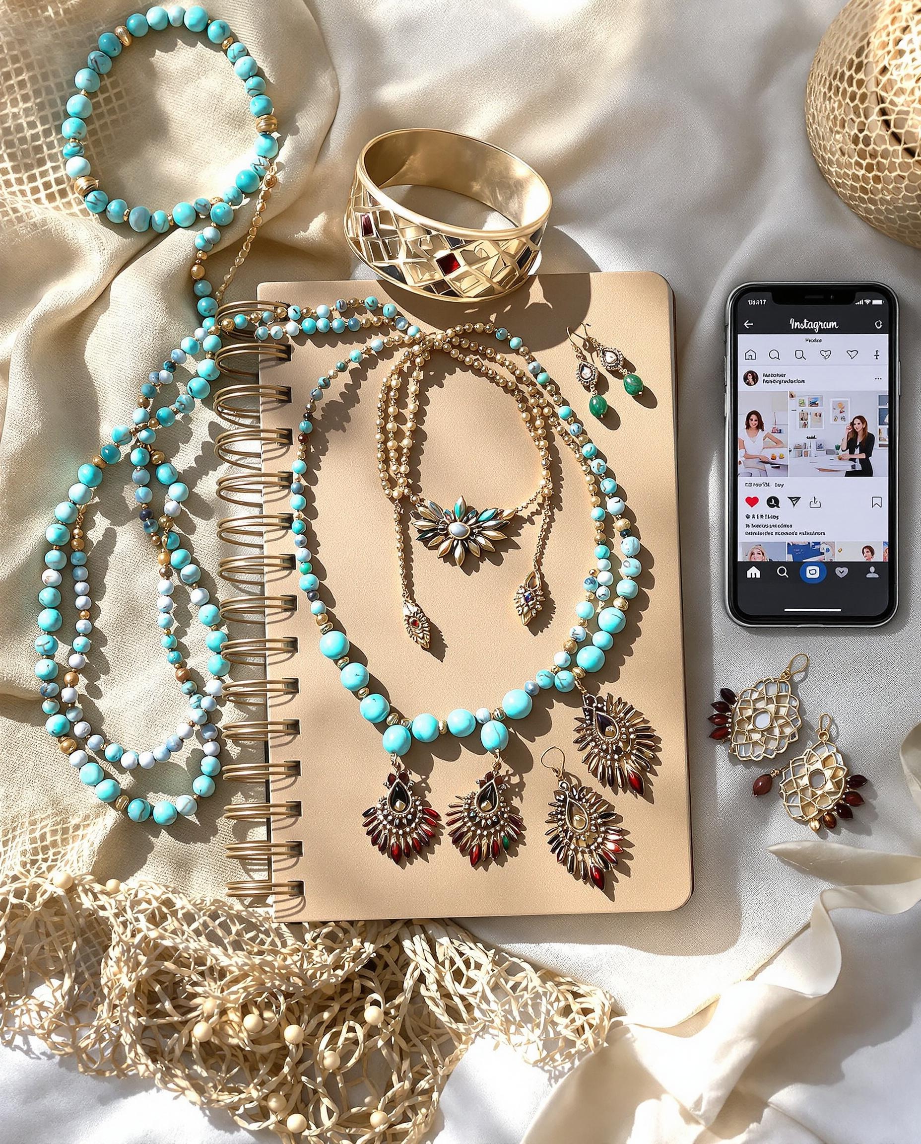 Bijoux bohèmes sur carnet de style et smartphone Instagram.