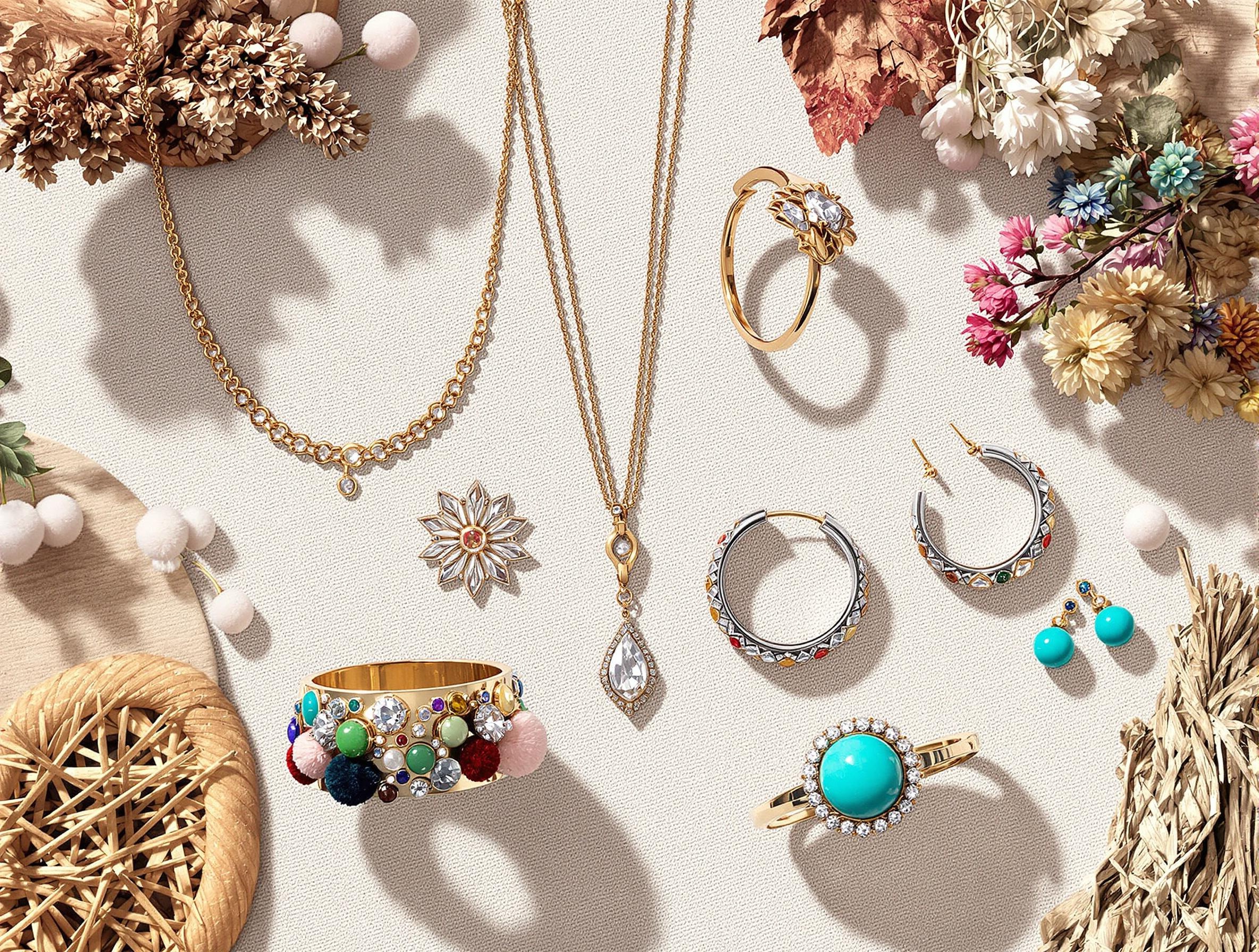 Sélection de sept bijoux bohèmes sur fond brut
