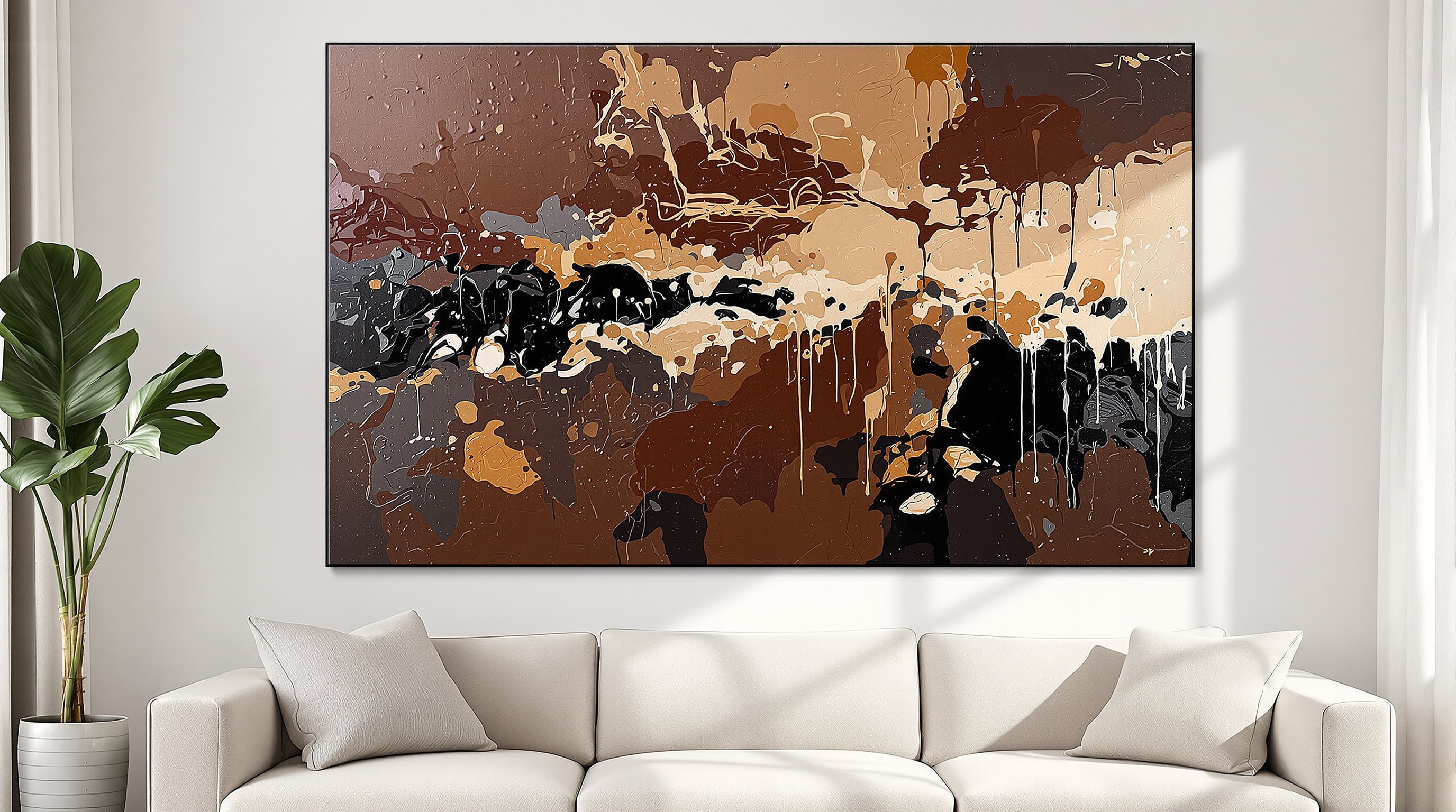 Grand tableau abstrait aux tons chocolat café beige noir sur mur contemporain