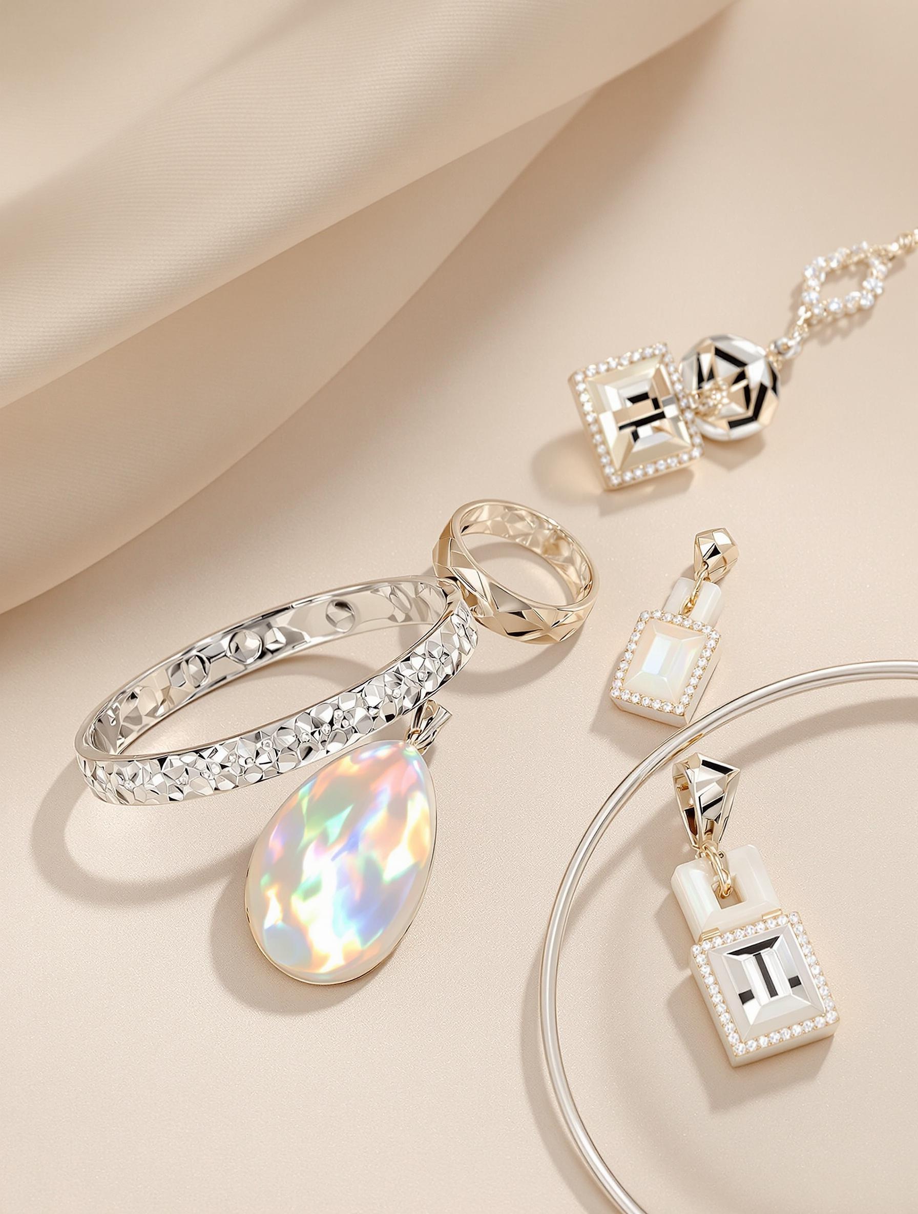 Ensemble de bijoux pour femme mûre : argent rhodié, jonc martelé, pendentif en nacre et boucle émaillée