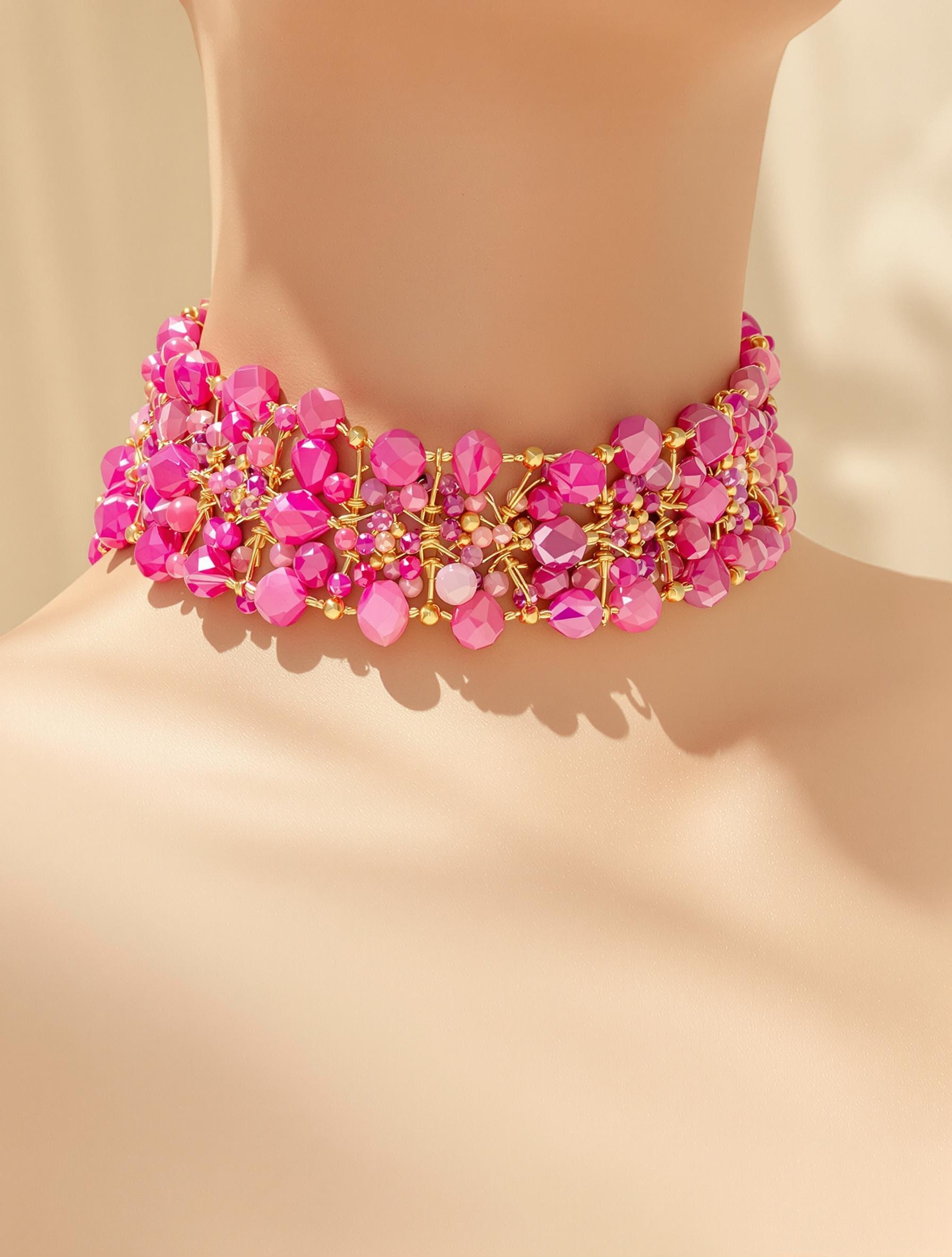 Gros plan sur un collier ras de cou fuchsia et doré, posé sur un fond ivoire.