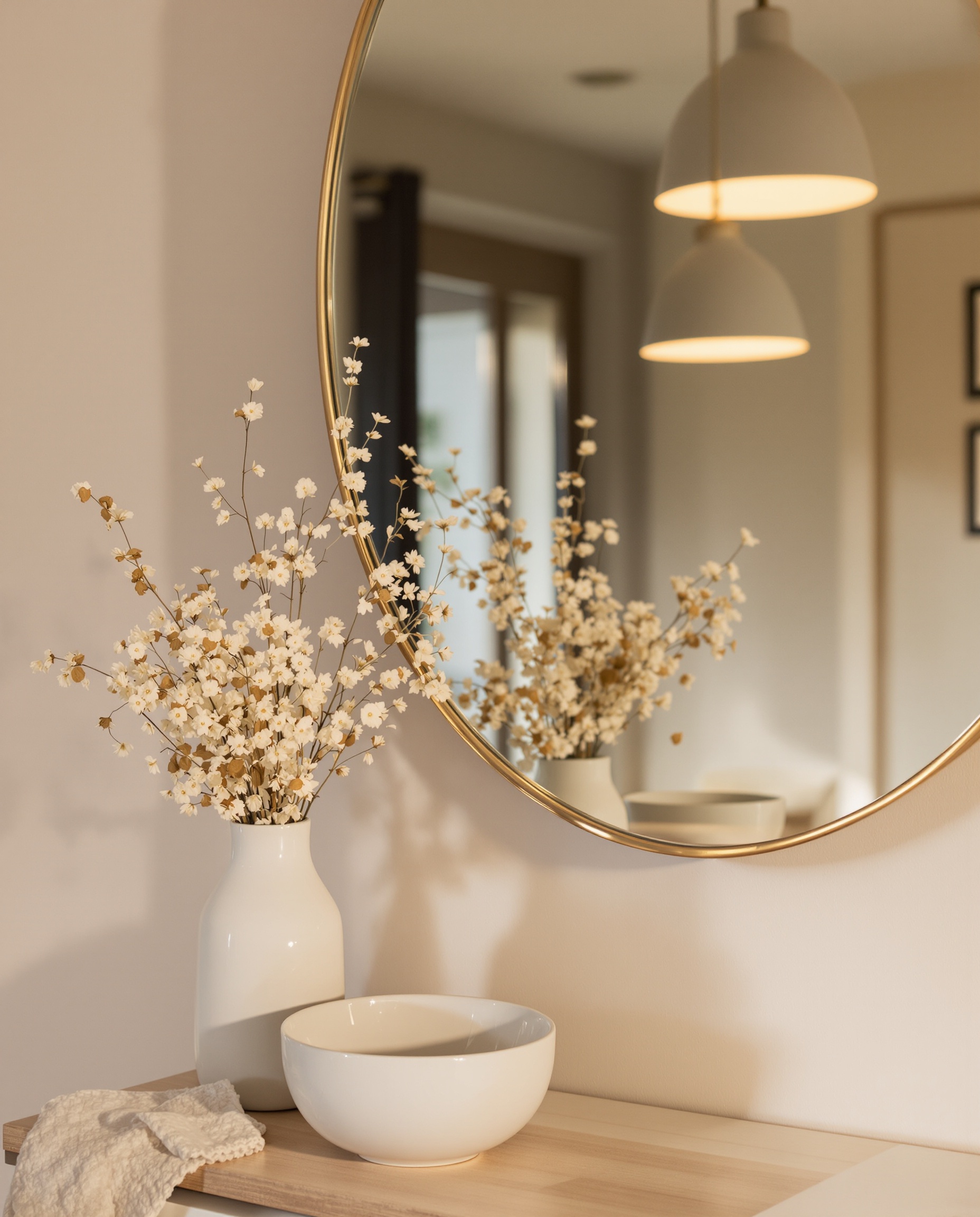 Détail meuble d'entrée chic avec miroir organique, vide-poches céramique et bouquet fleurs séchées