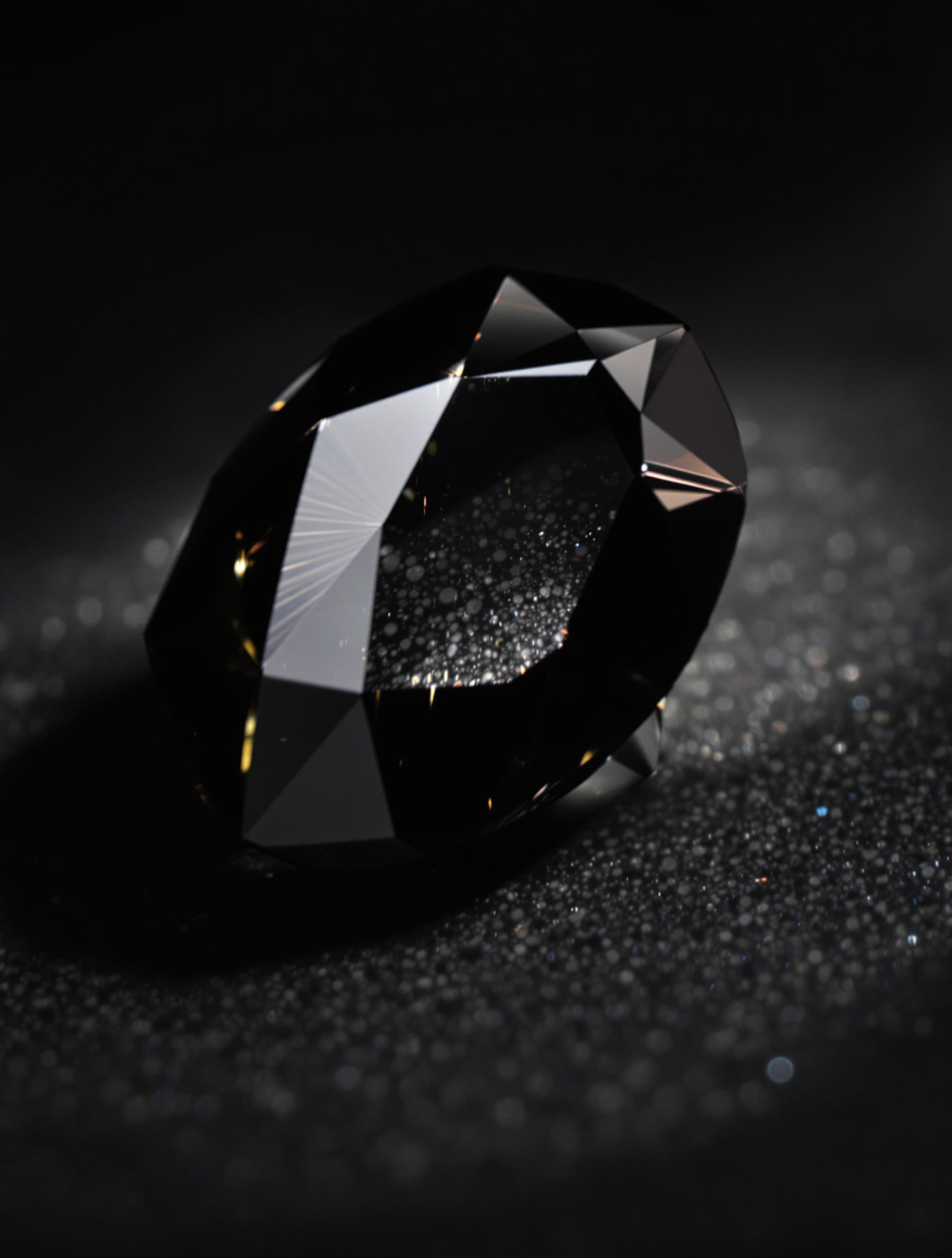 Gros plan sur un diamant noir poli, révélant ses reflets sombres et brillants.