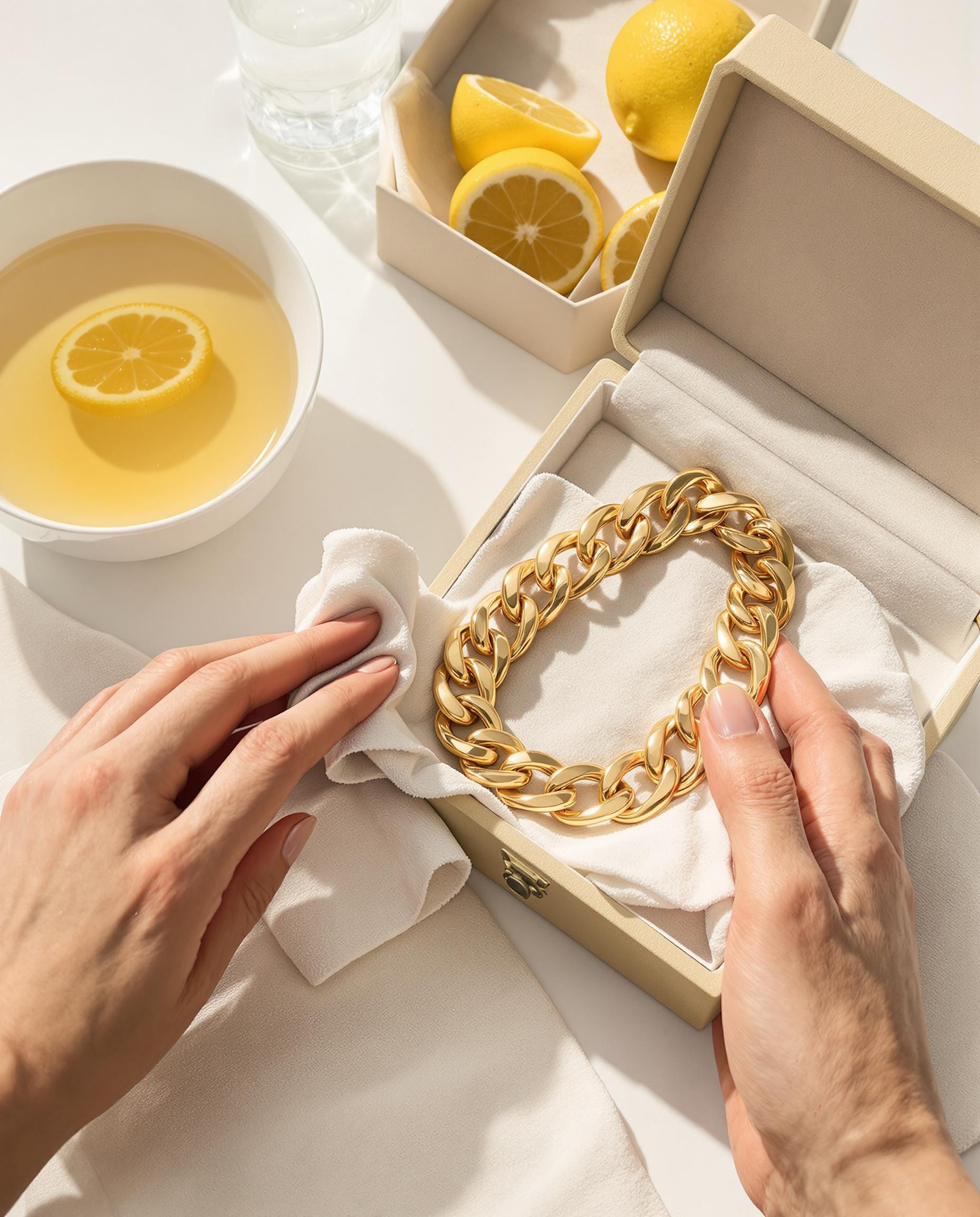 Entretien d'un collier chunky doré avec un chiffon microfibre, de l'eau citronnée et une boîte en velours.