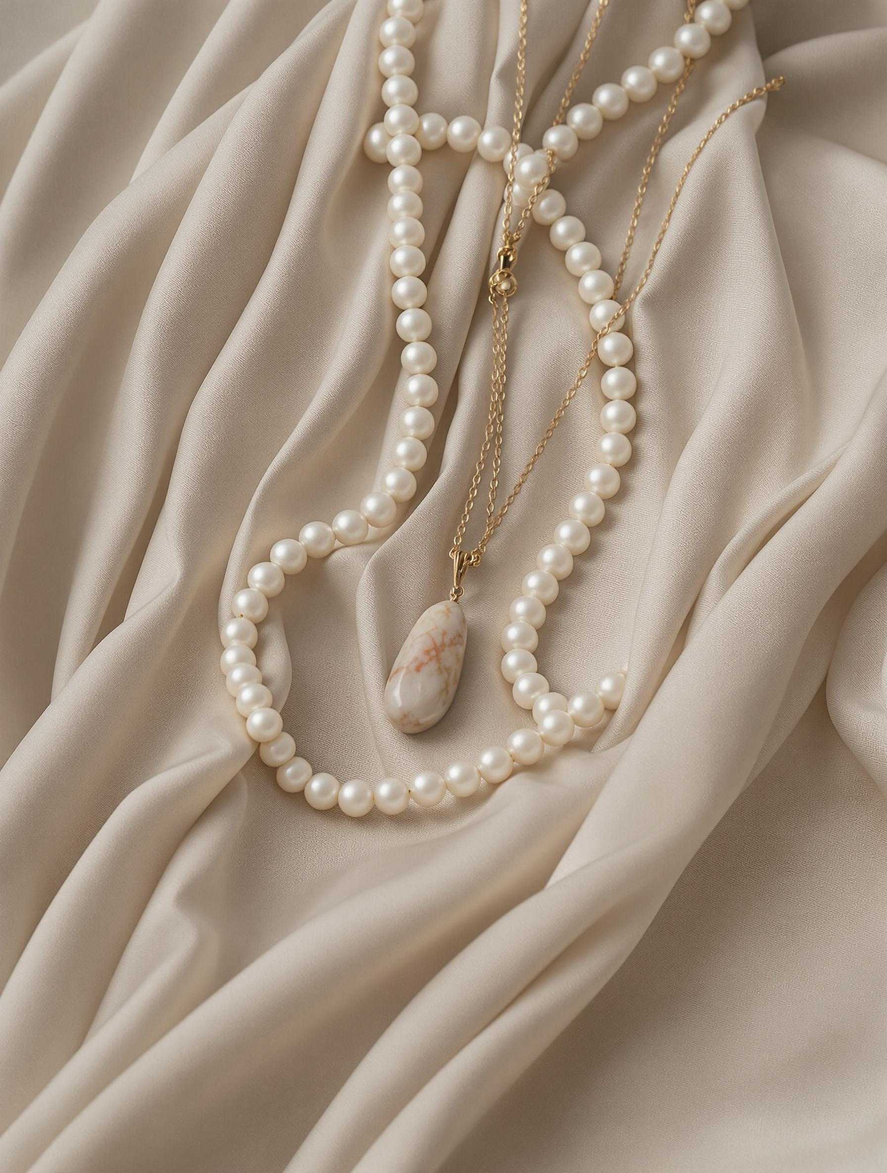 Sautoir de perles blanches et collier avec pierre naturelle.