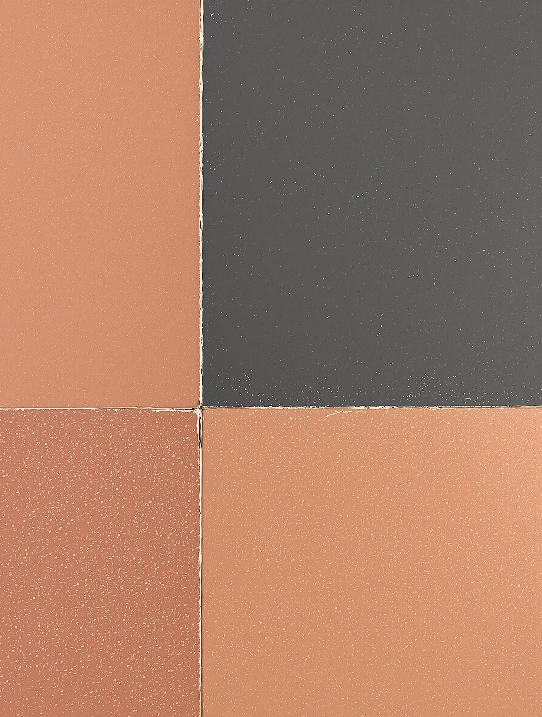 Gros plan de tomettes partiellement peintes en gris anthracite contrastant avec la terre cuite brute.