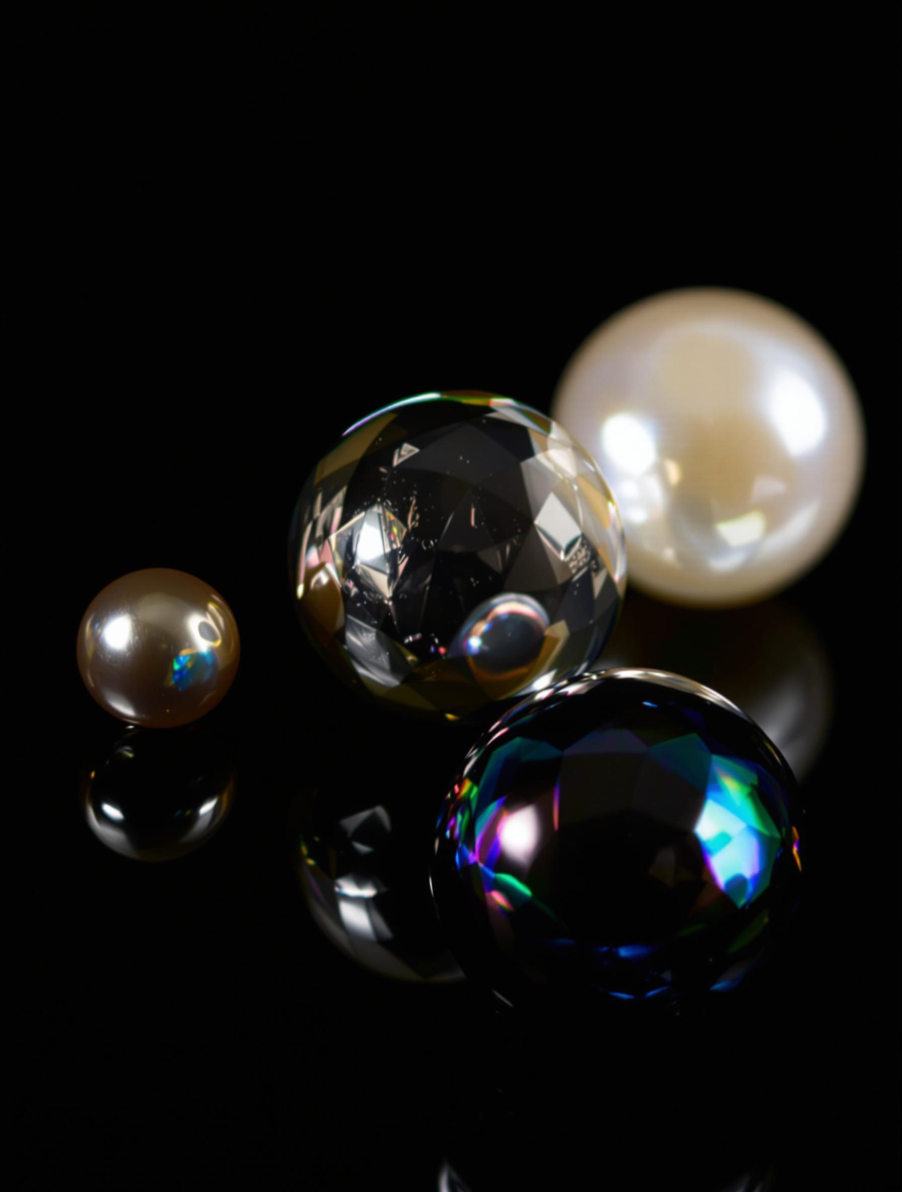Gros plan sur un trio de perles Akoya, Tahiti et eau douce