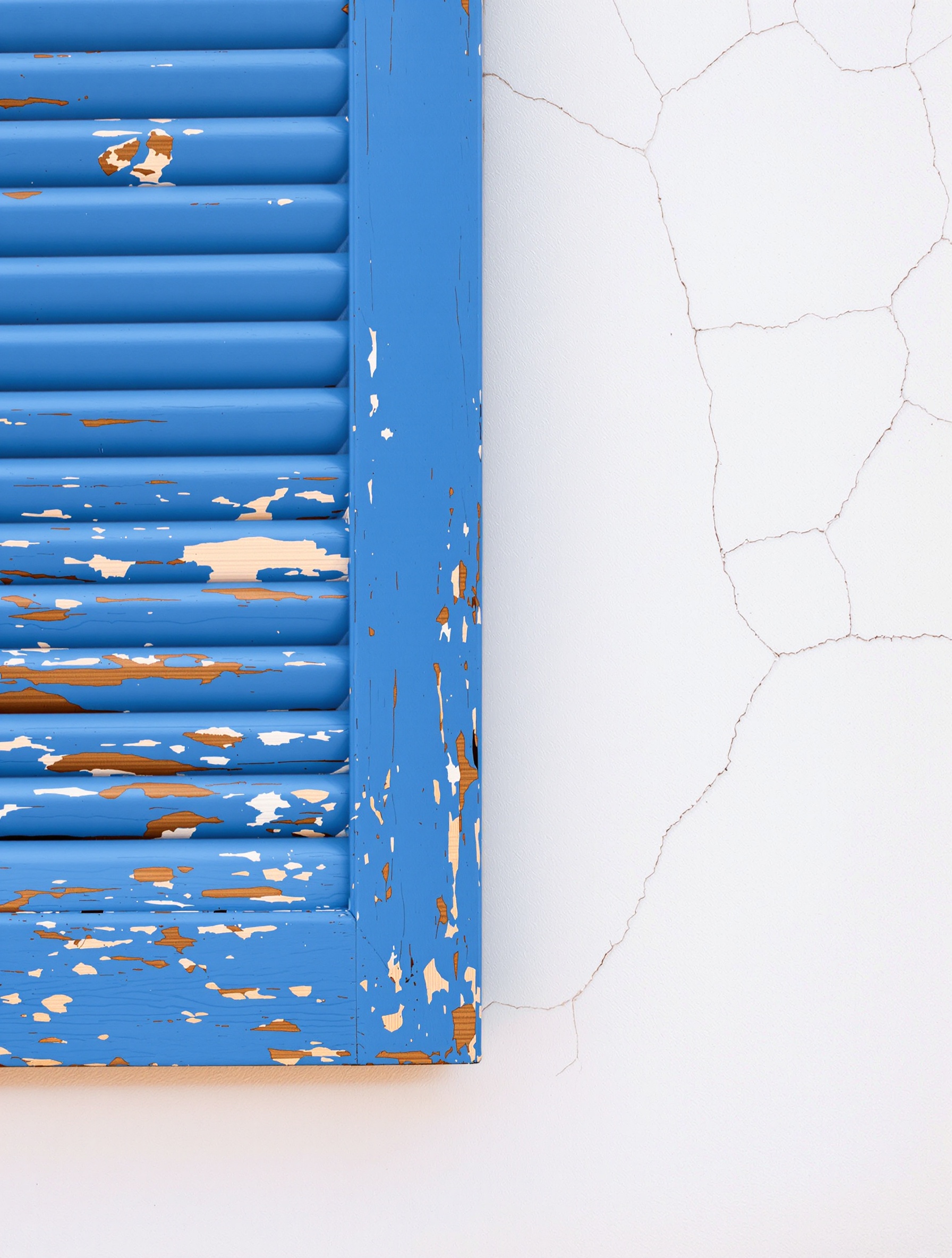 Volet bleu écaillé et mur blanc fissuré en Grèce authentique