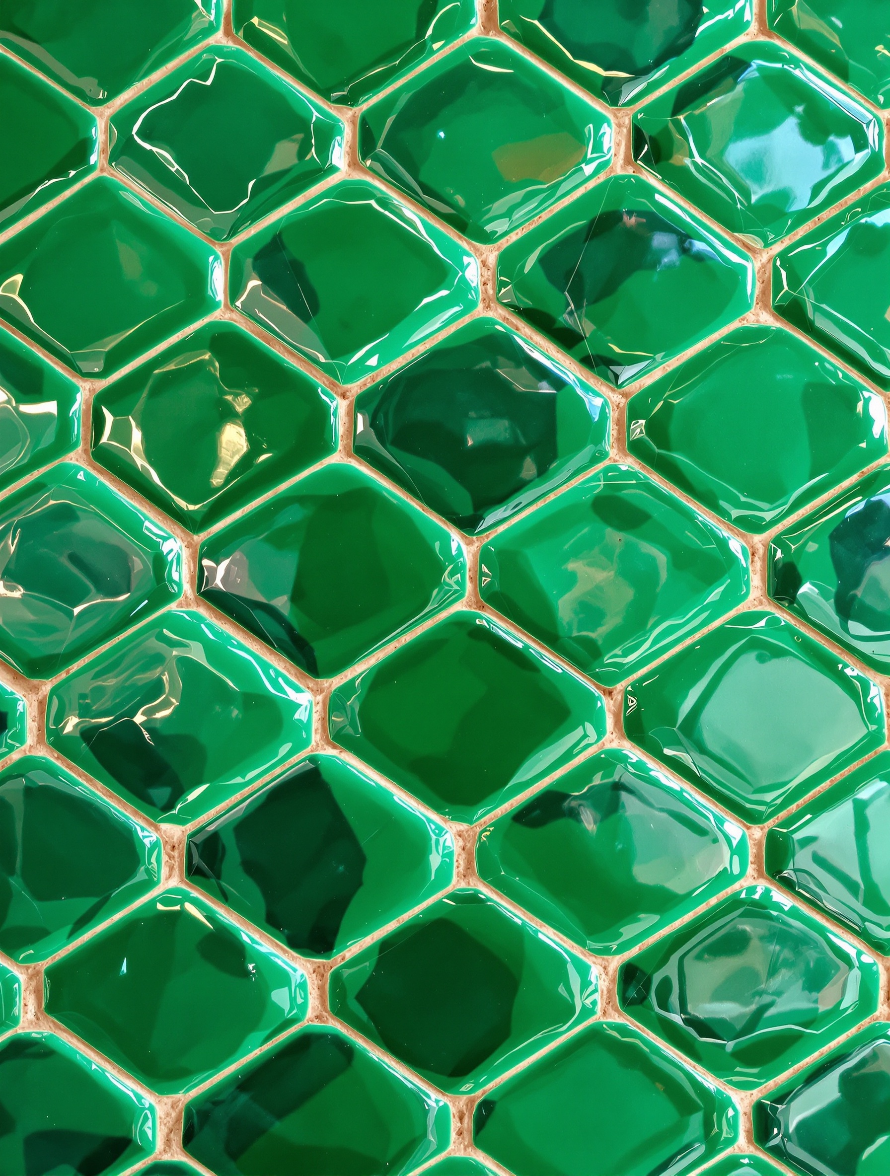 Gros plan sur un zellige vert émeraude artisanal aux reflets changeants