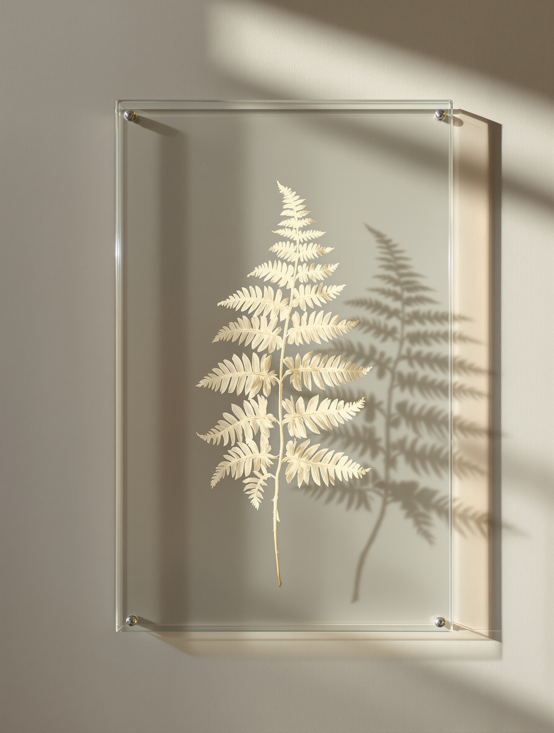 Herbarium composition minimaliste fougère lumière verre fragilité élégance spectrale mur neutre