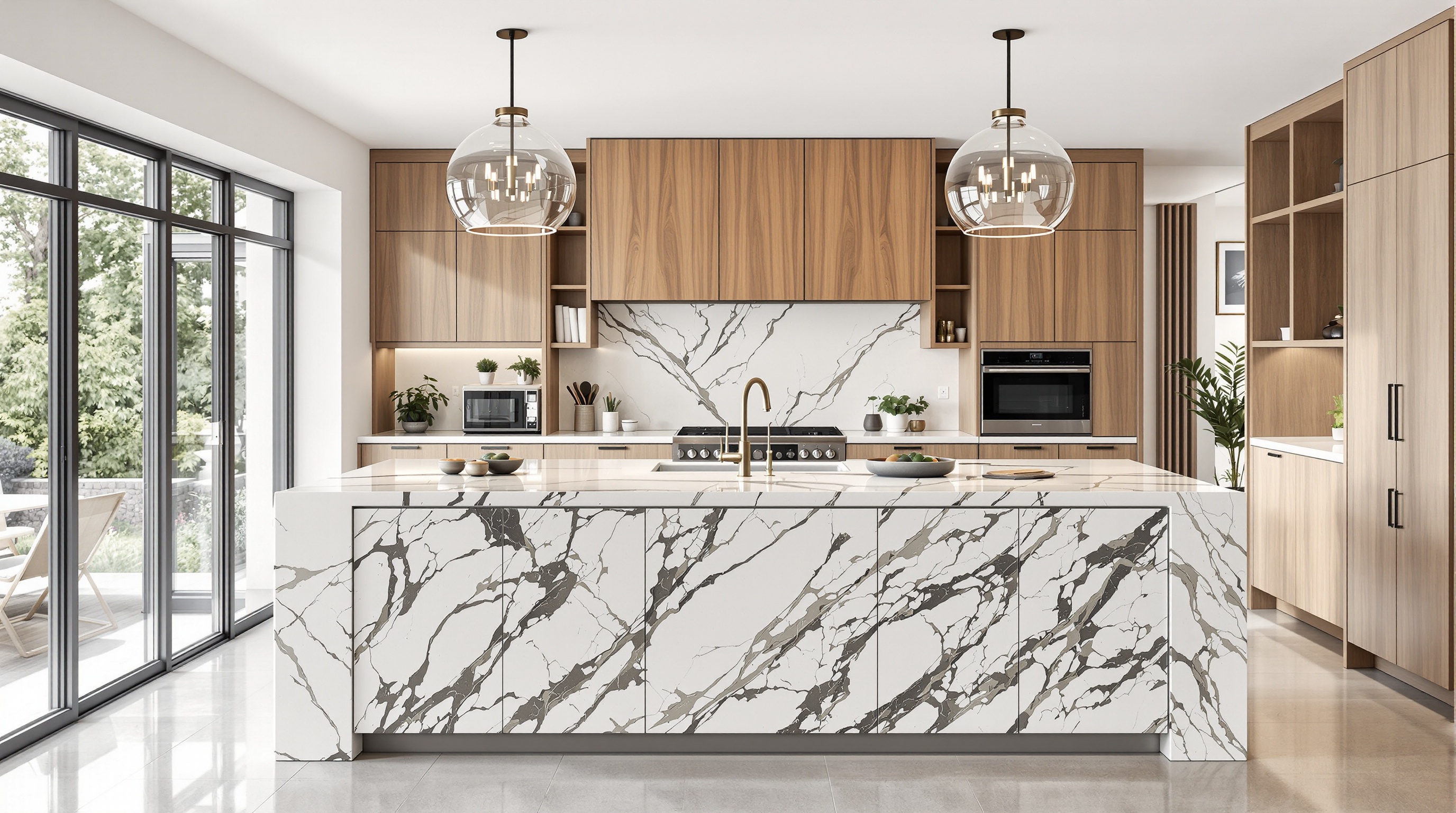 Îlot central cuisine maison londonienne moderne marbre bois granit lumière naturelle