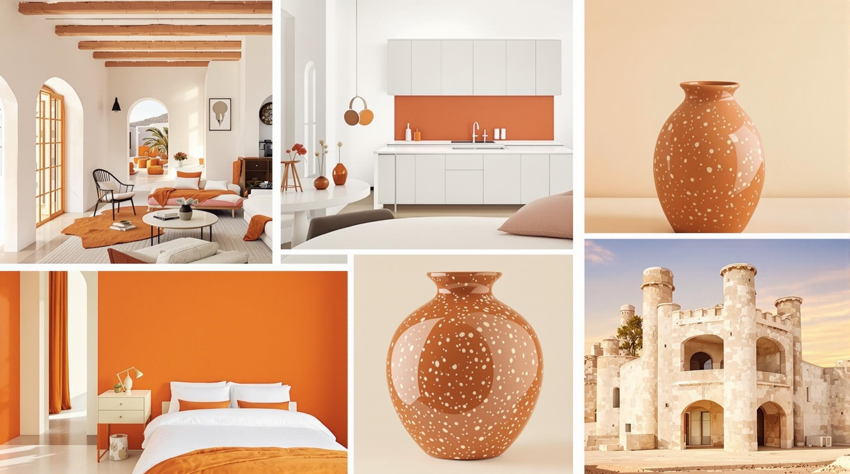 Cinq inspirations design orange brûlé : intérieur méditerranéen, cuisine minimaliste, chambre monochrome, vase craquelé, architecture brutaliste.
