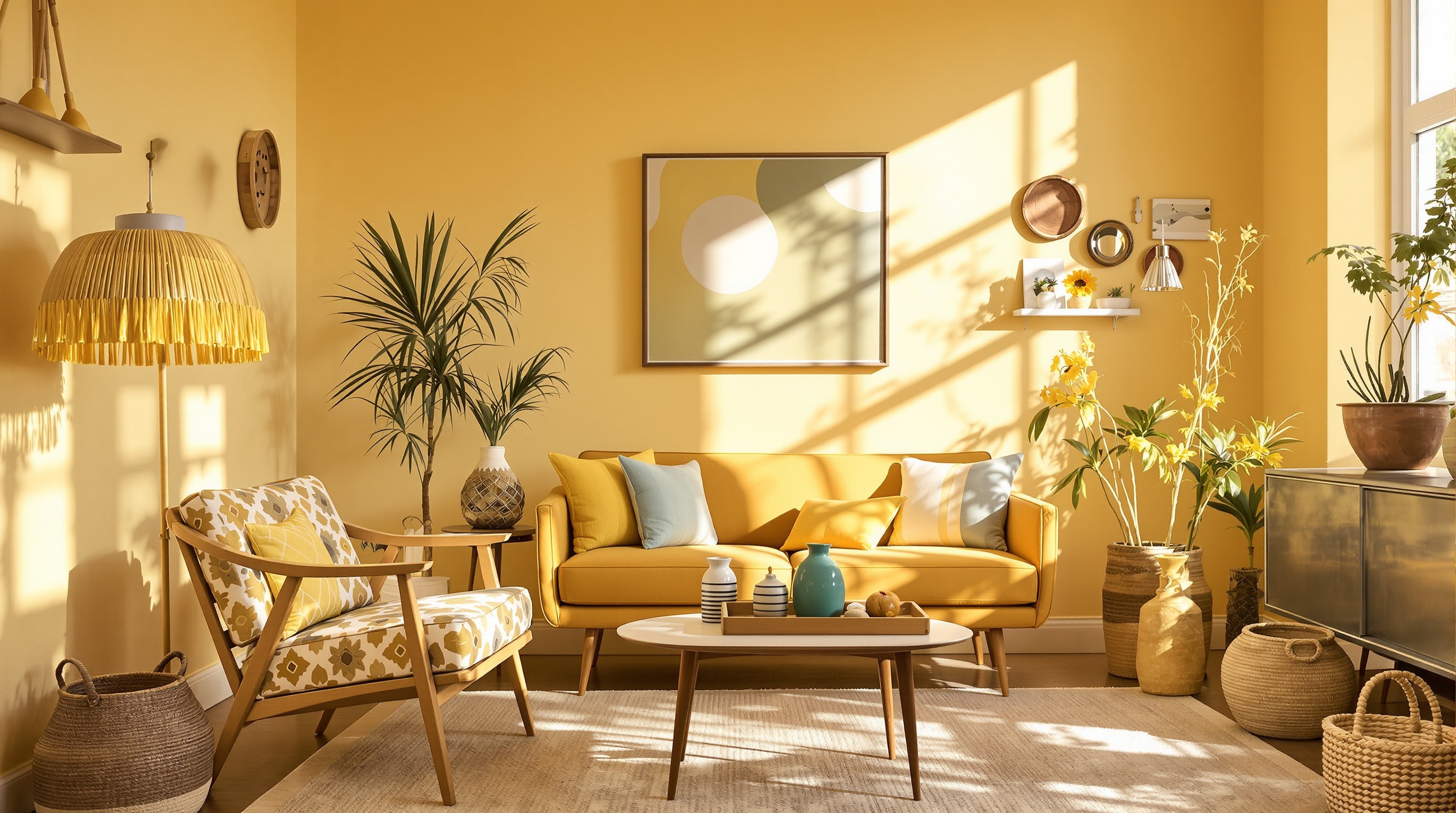 Ambiance intérieure mêlant références rétro et contemporaines, dominée par le jaune paille.