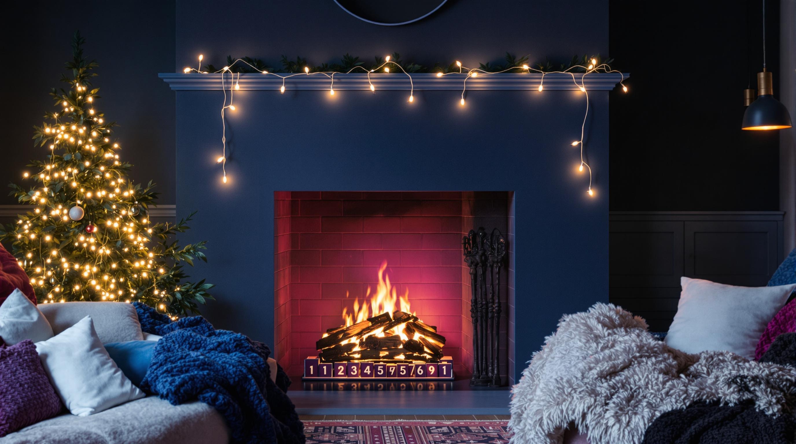 Calendrier de l'Avent sur une cheminée contemporaine avec guirlande LED