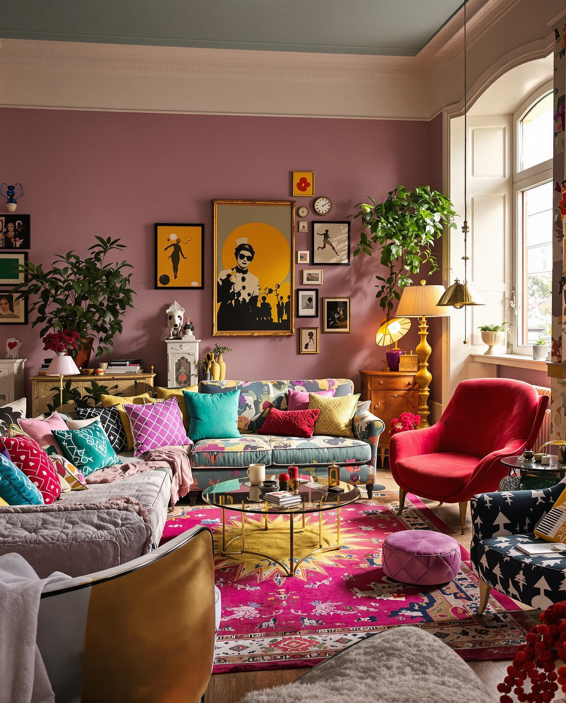Intérieur décalé mêlant kitsch et vintage, mis en scène comme sur Instagram.