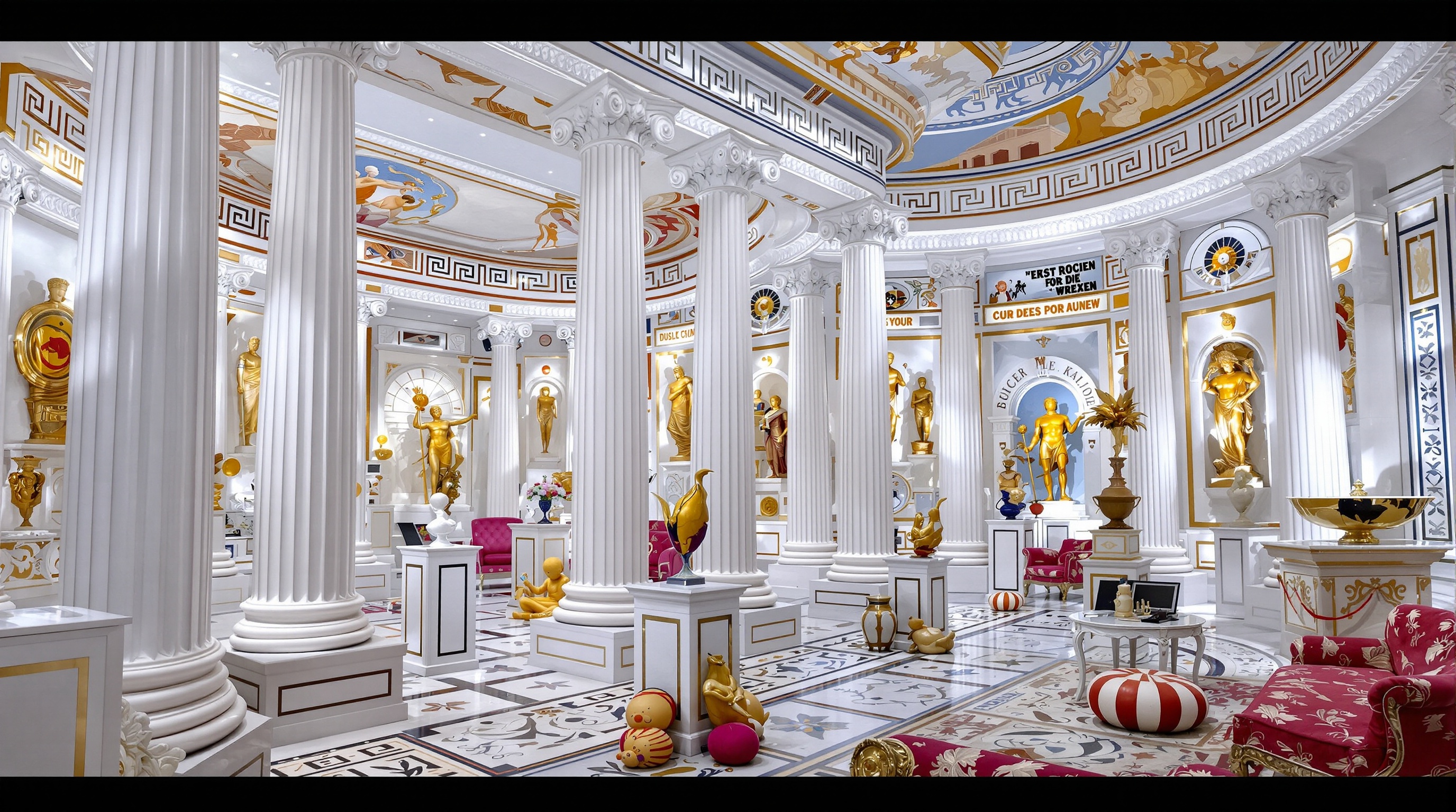 Intérieur grec caricatural avec colonnes kitsch et frises vulgaires