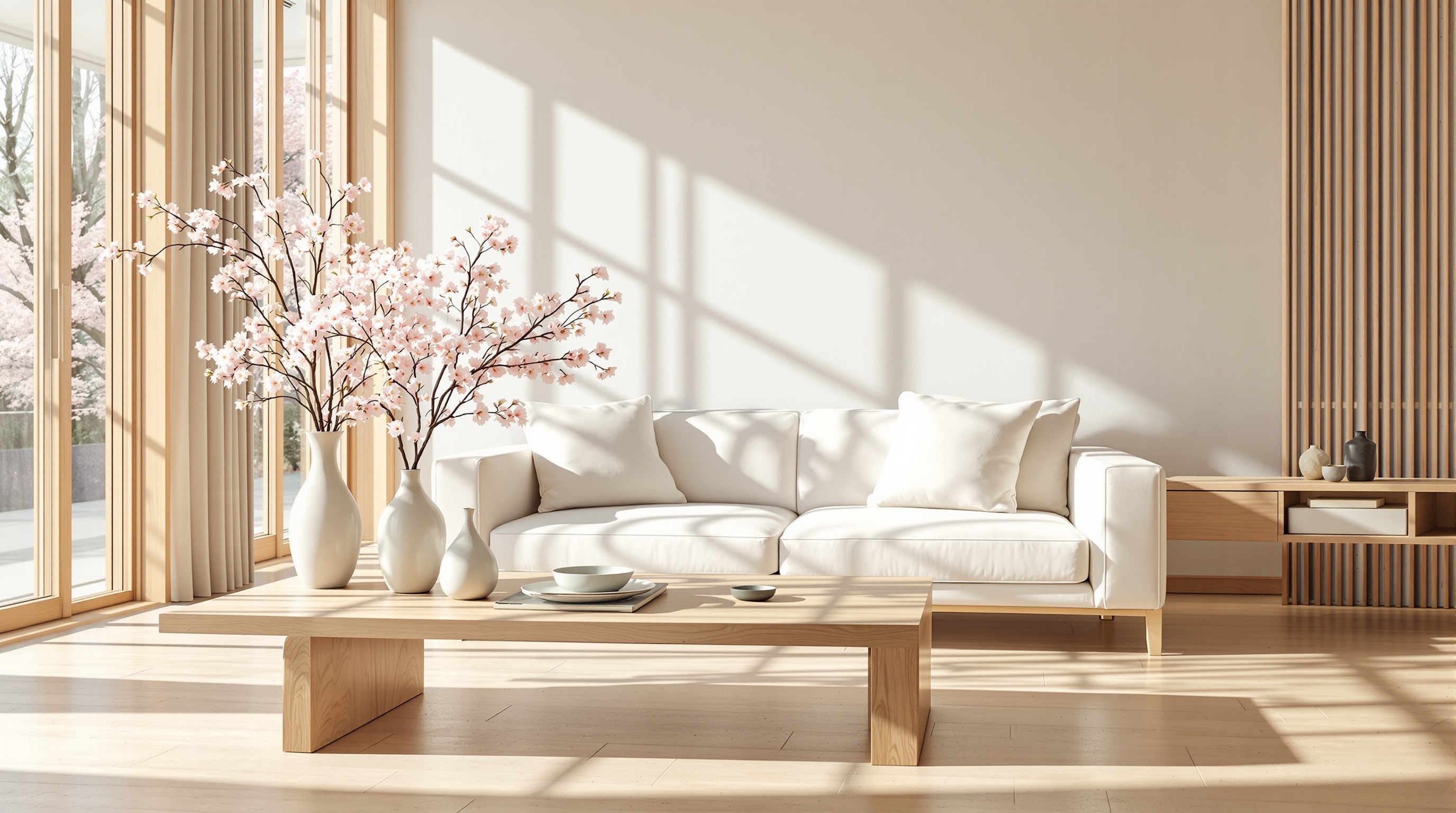 Intérieur Japandi lumineux avec table basse en bois brut, canapé crème et décoration florale minimaliste.