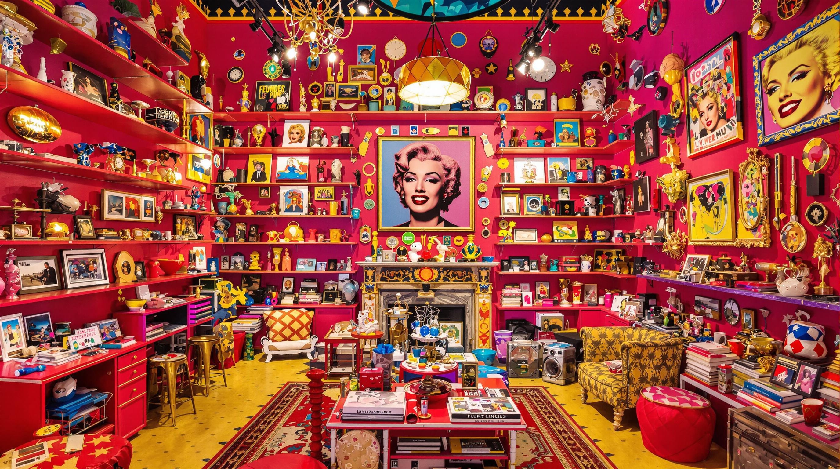 Intérieur kitsch avec des bibelots multicolores inspirés du pop art