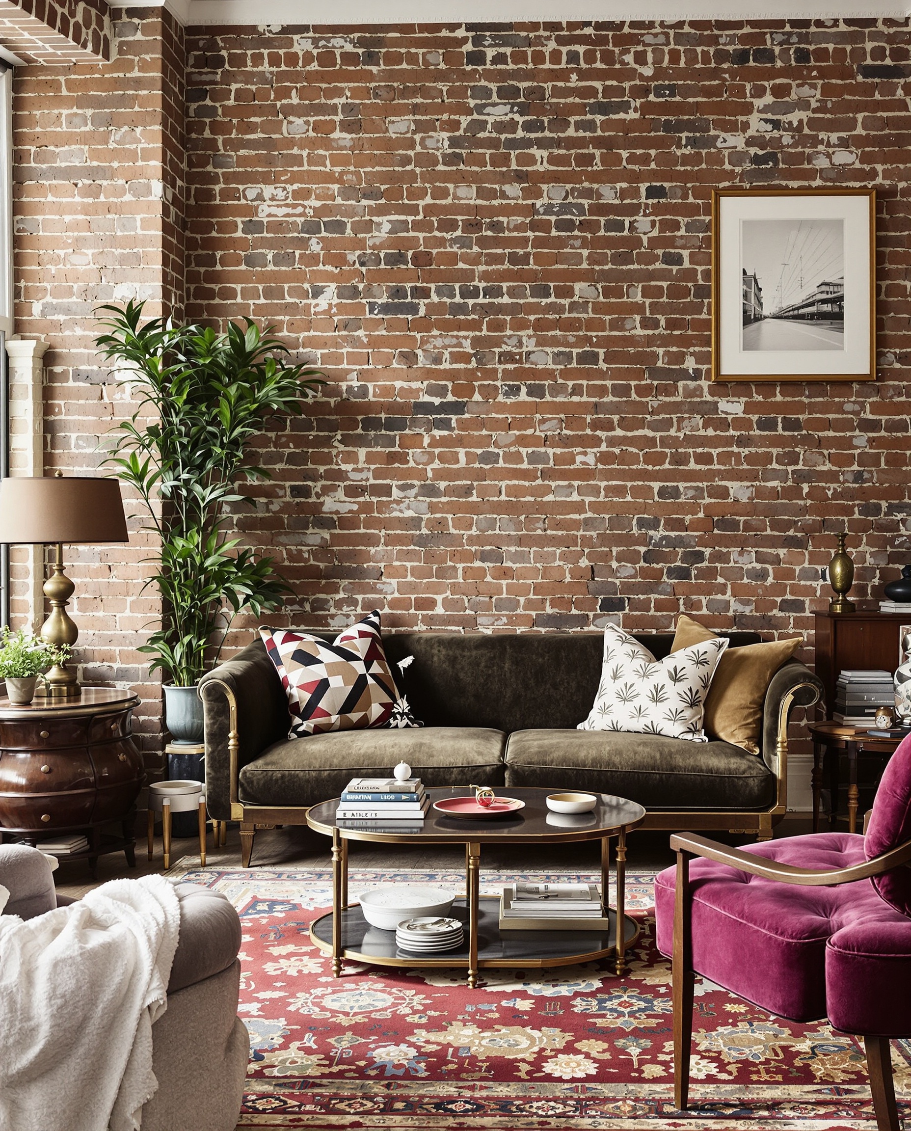 intérieur londonien authentique mobilier vintage objets personnels brique patinée touche couleur élégance imparfaite