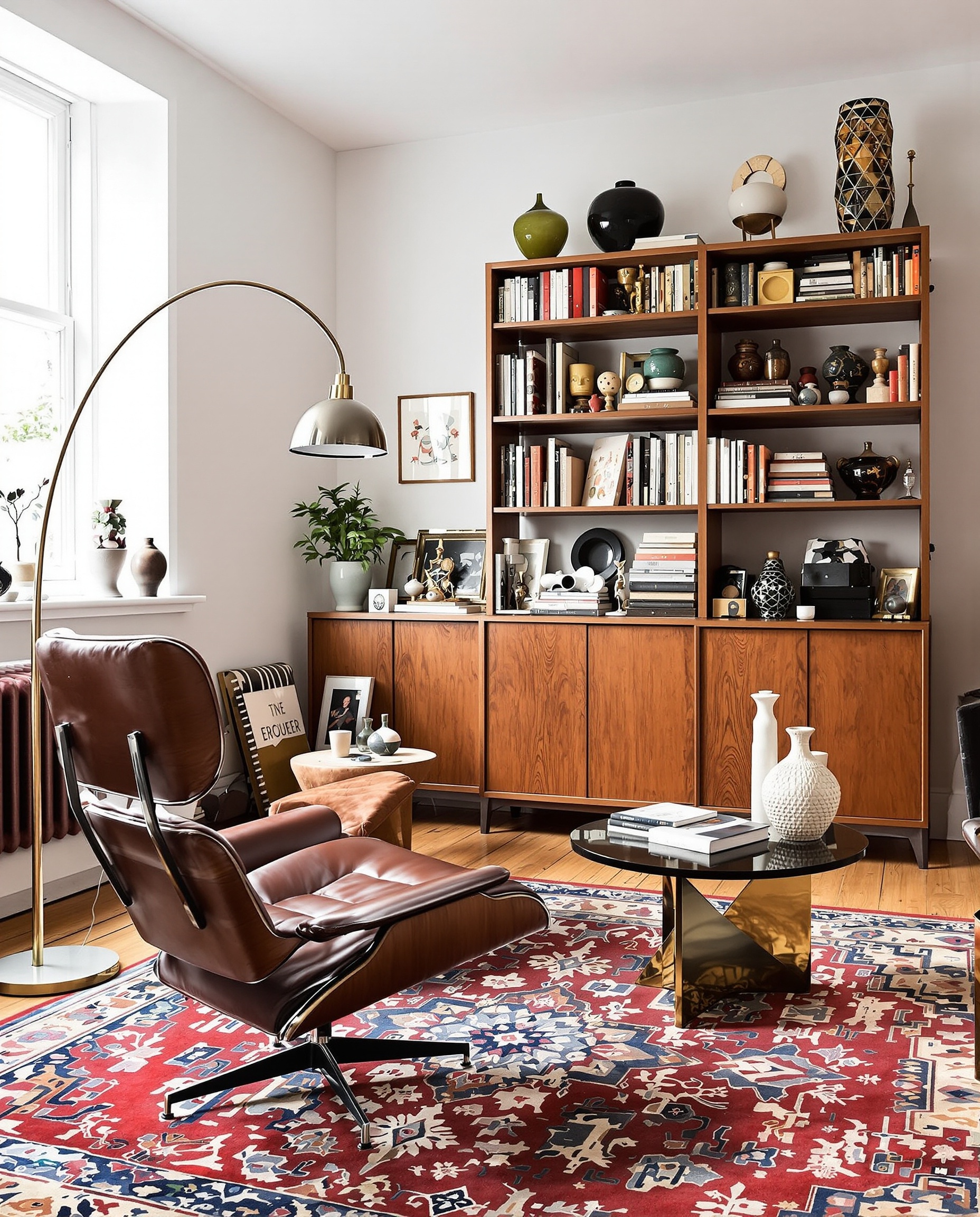 Intérieur éclectique fauteuil Eames lampe Arco mobilier vintage objets art Londres