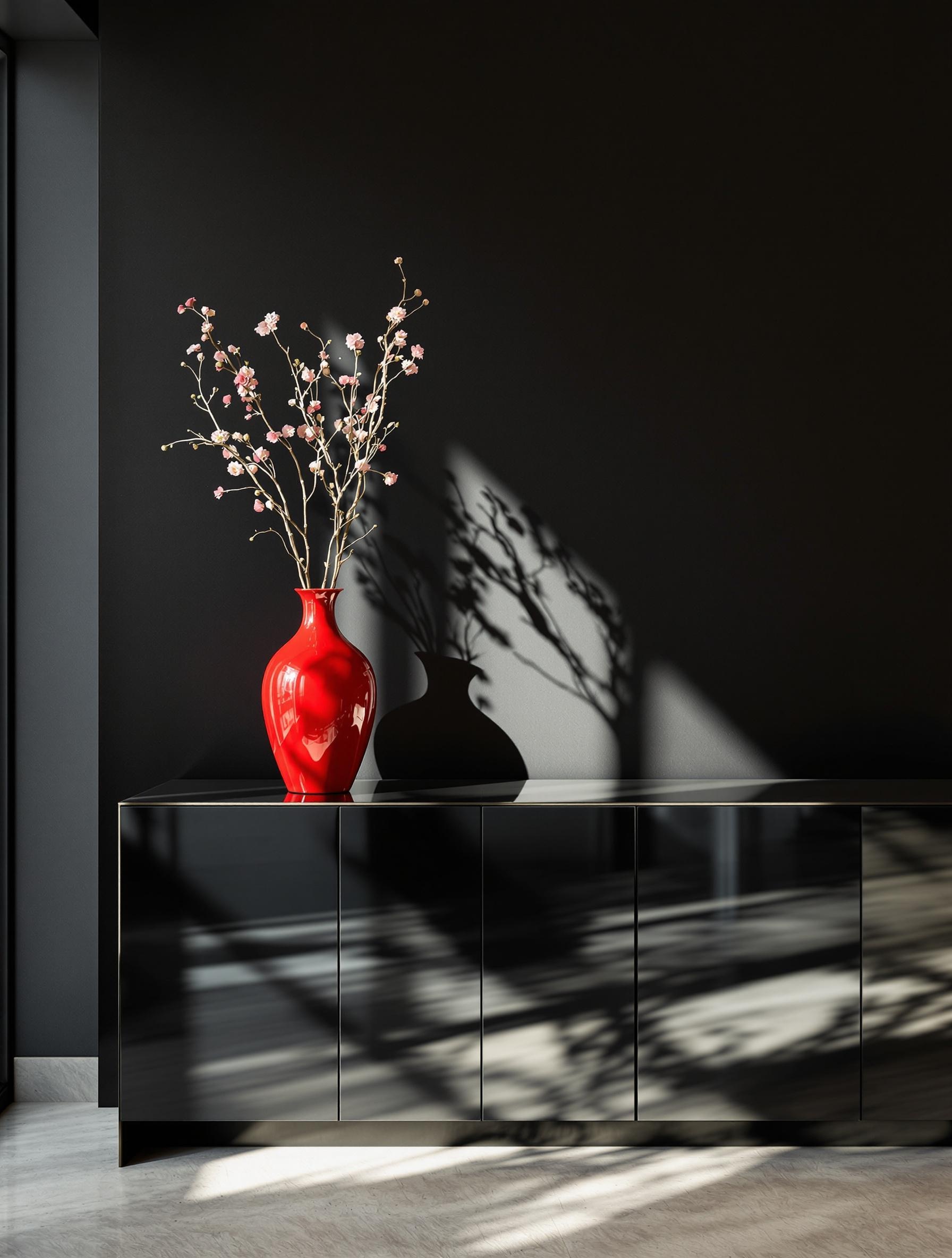 Vase en céramique rouge vif contemporain sur console minimaliste