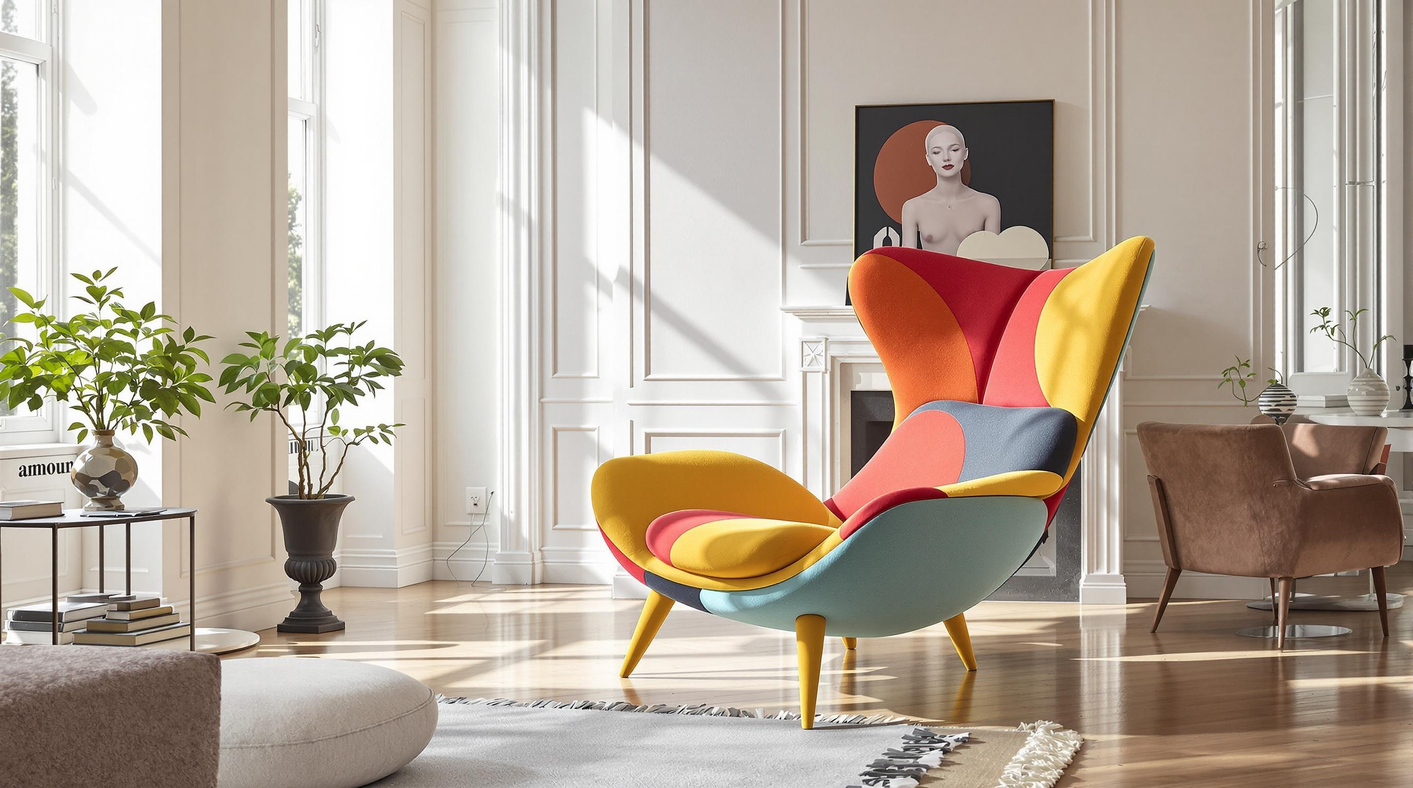Chaise enfant colorée mise en valeur comme élément décoratif dans un salon adulte