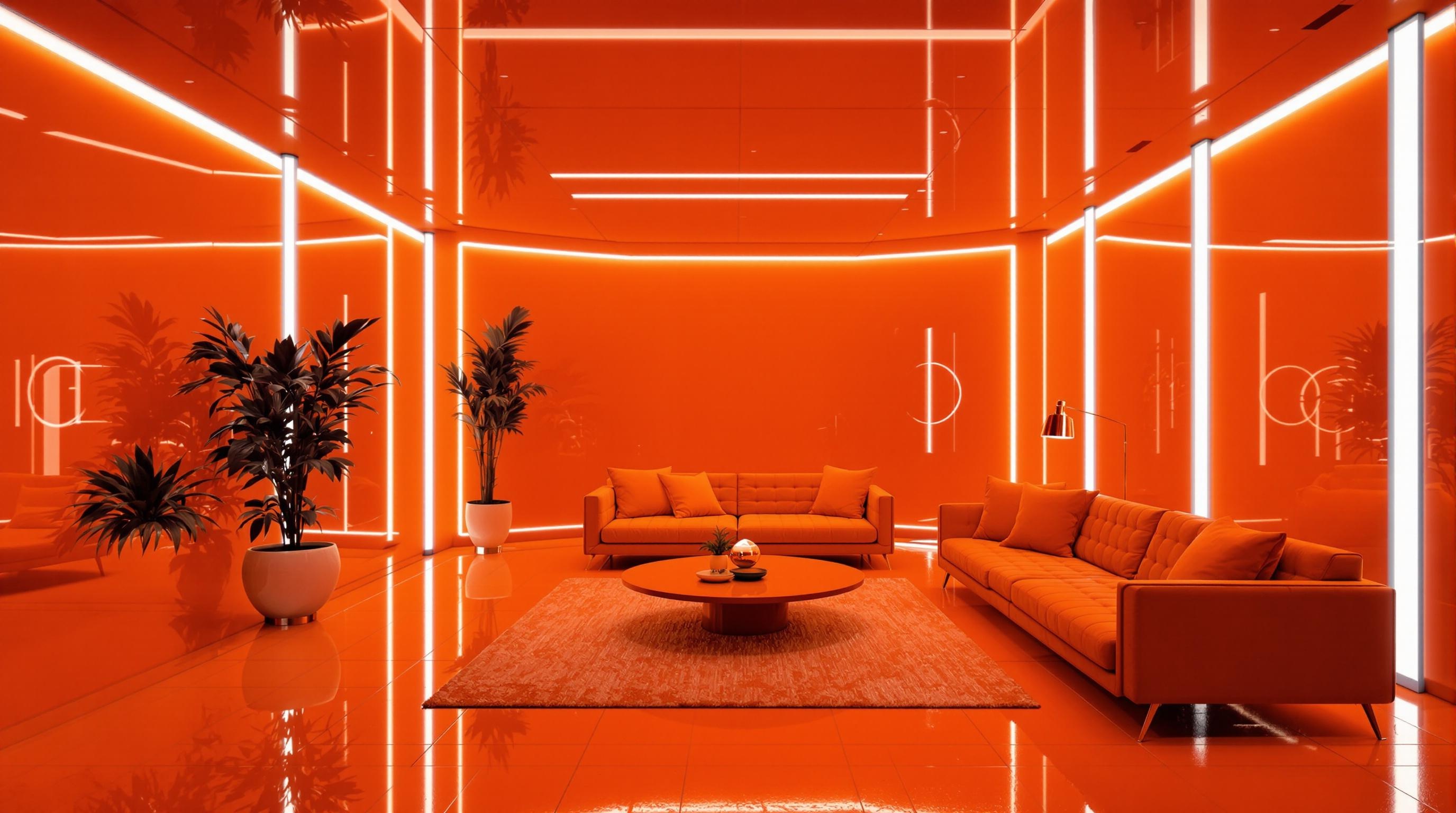 Intérieur monochrome orange brûlé avec saturation visuelle élevée.