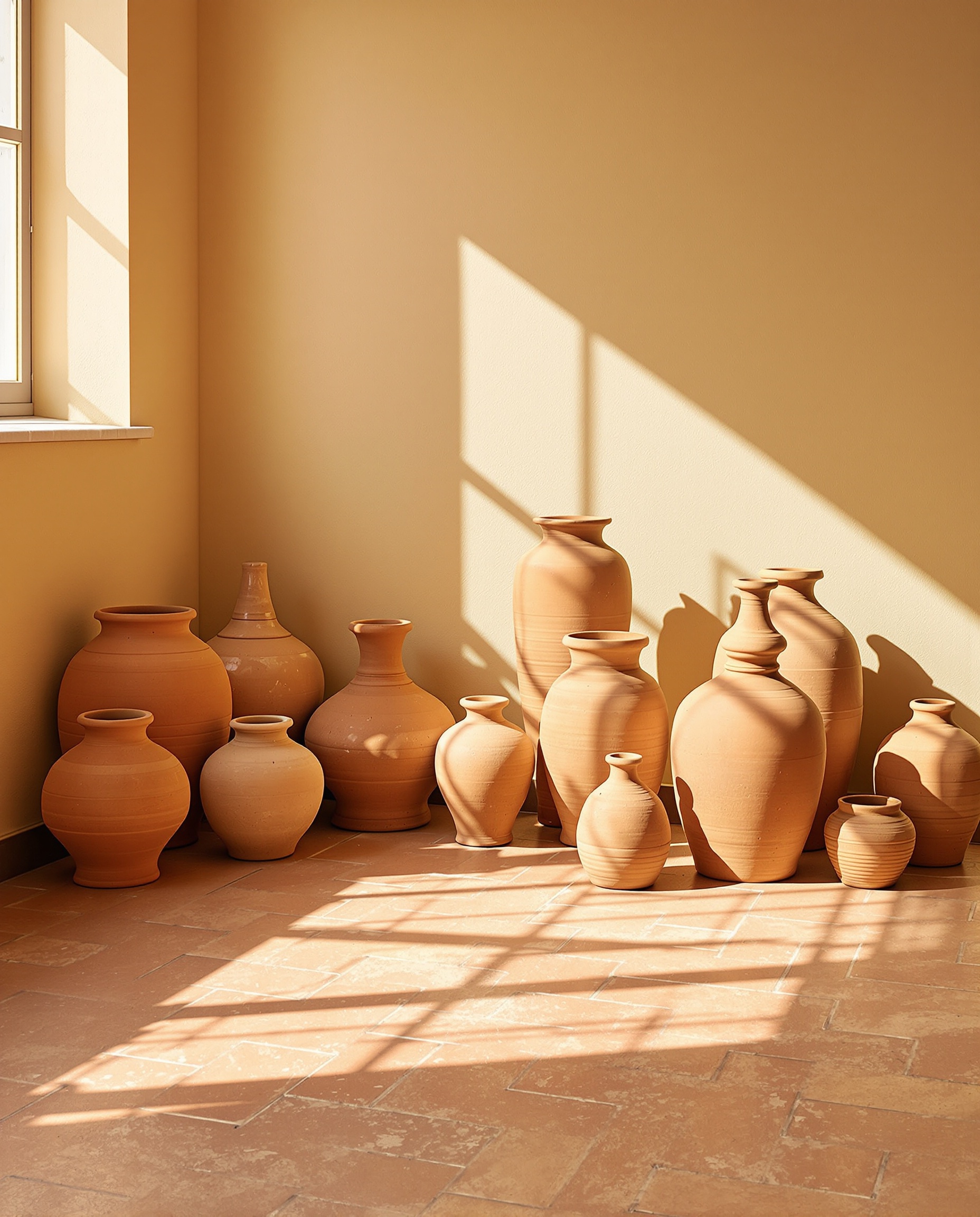 Pots en terracotta brute sur sol ancien en terre cuite, mur ocre pâle