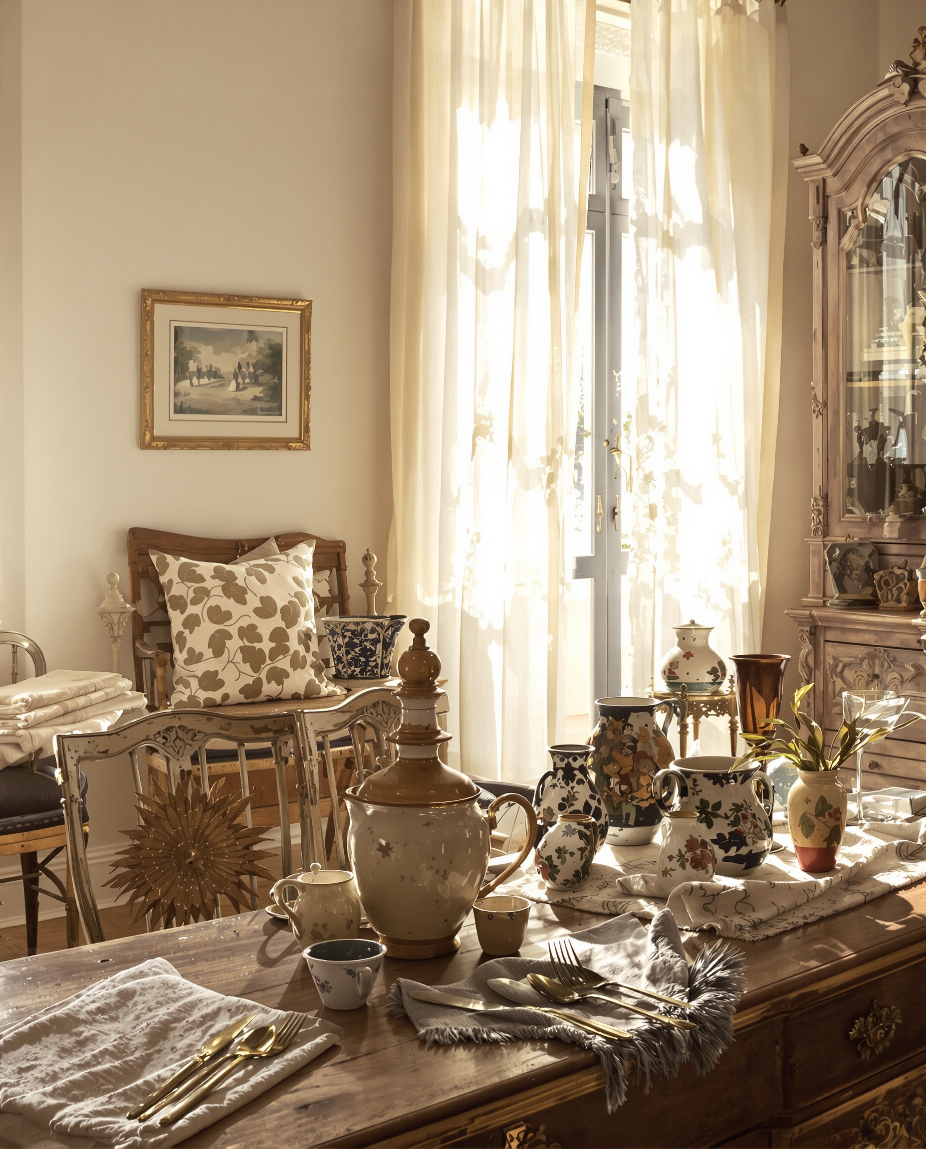 Intérieur portugais lumineux avec meubles patinés et céramiques ébréchées