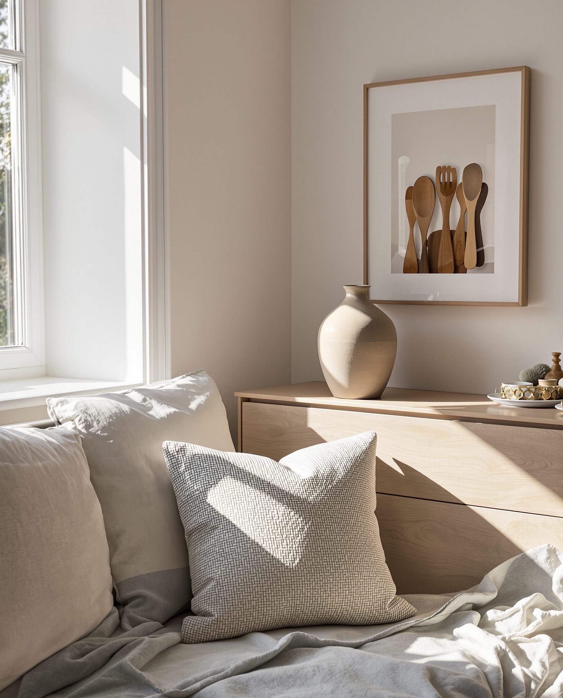 Détail intérieur suédois lumineux avec pièce artisanale locale sur mobilier épuré.